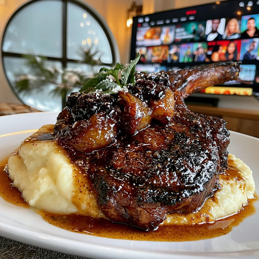 Spiced Mulberry-Balsamic Glazed Charred Onion Braised Tomahawk with a Velvety Sage Jus