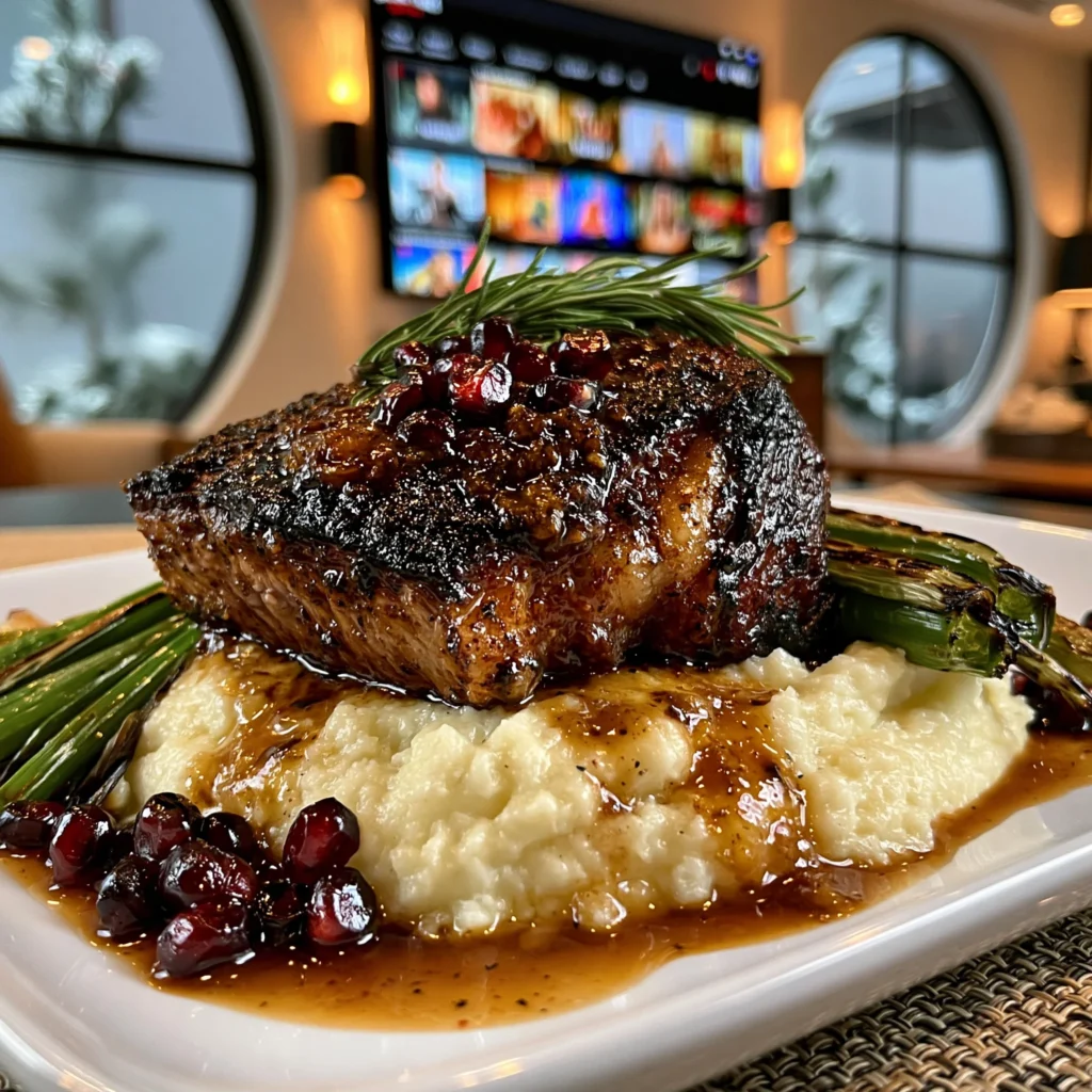 Spiced Pomegranate-Balsamic Glazed Braised Ribeye with a Charred Scallion and Rosemary Jus