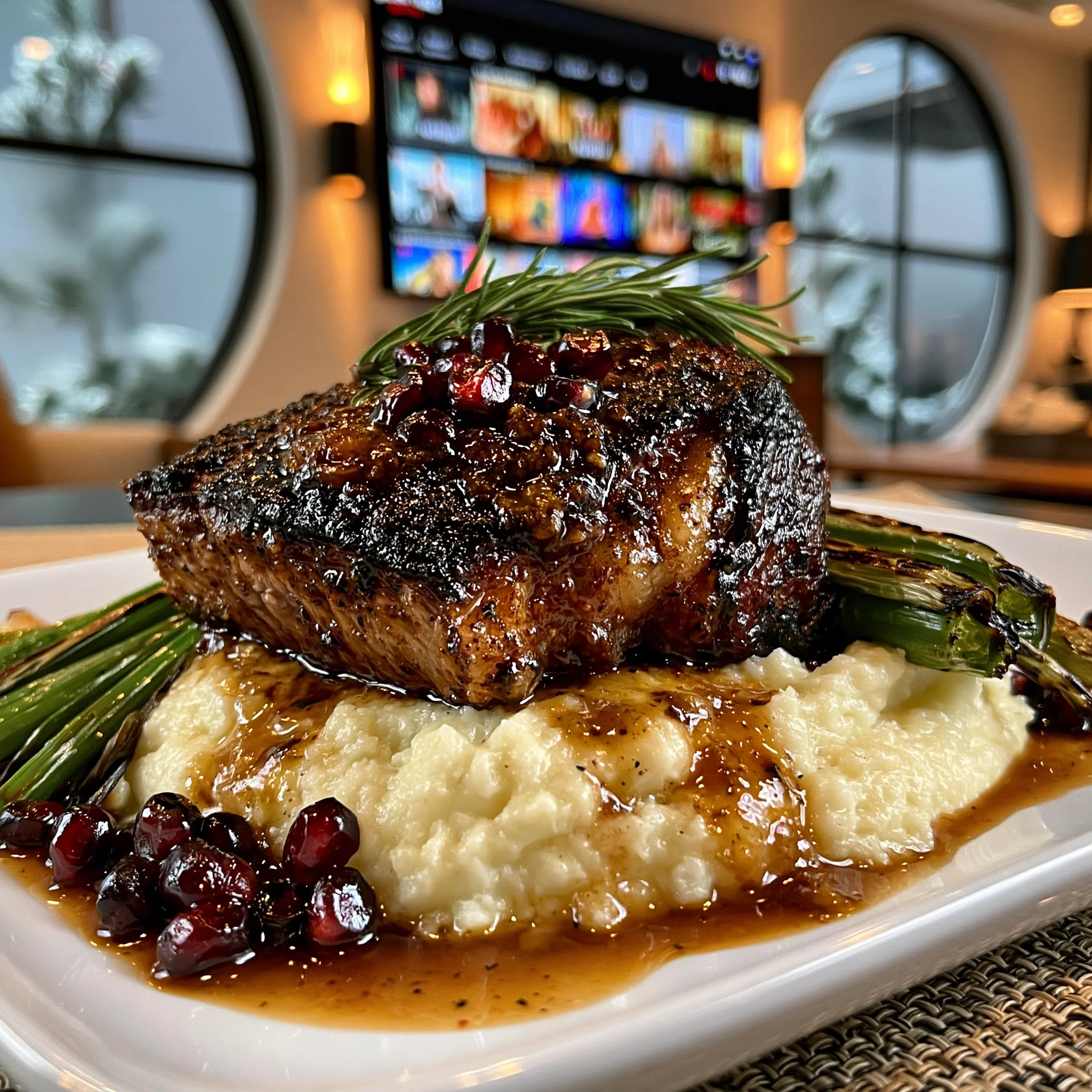 Spiced Pomegranate-Balsamic Glazed Braised Ribeye with a Charred Scallion and Rosemary Jus