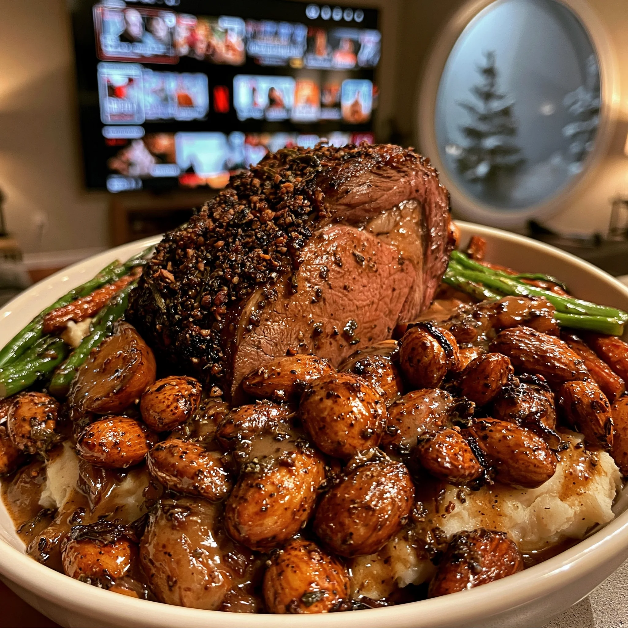 Toasted Almond and Dried Sage-Crusted Prime Rib with a Rich Caramelized Shallot Gravy