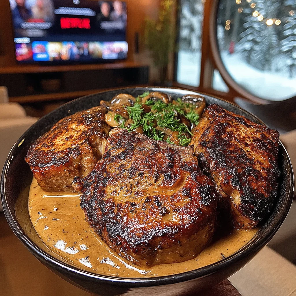 Toasted Almond and Smoked Cumin-Crusted Veal Chops with a Rich Roasted Red Onion Gravy