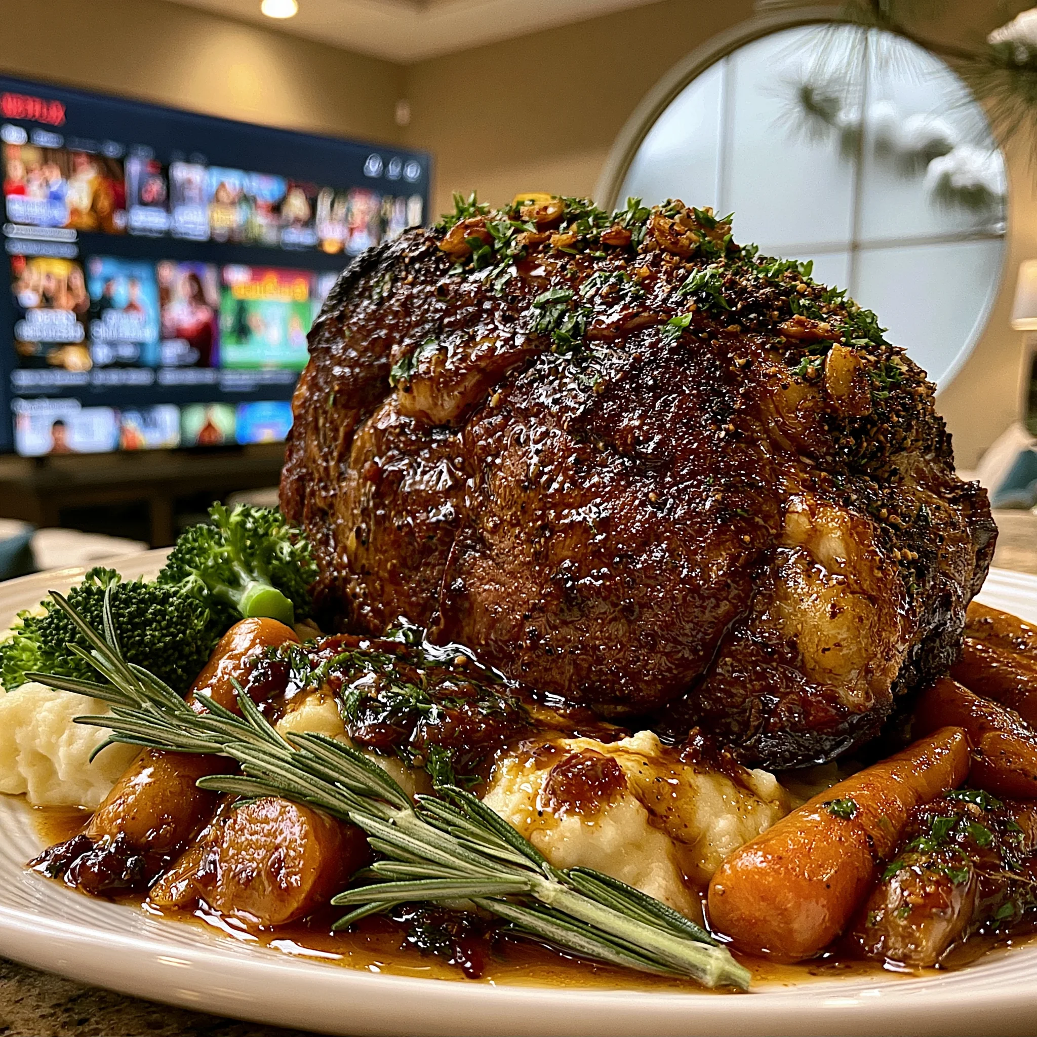 Toasted Garlic and Cracked Pepper-Crusted Prime Rib with Herb-Infused Confit Butter