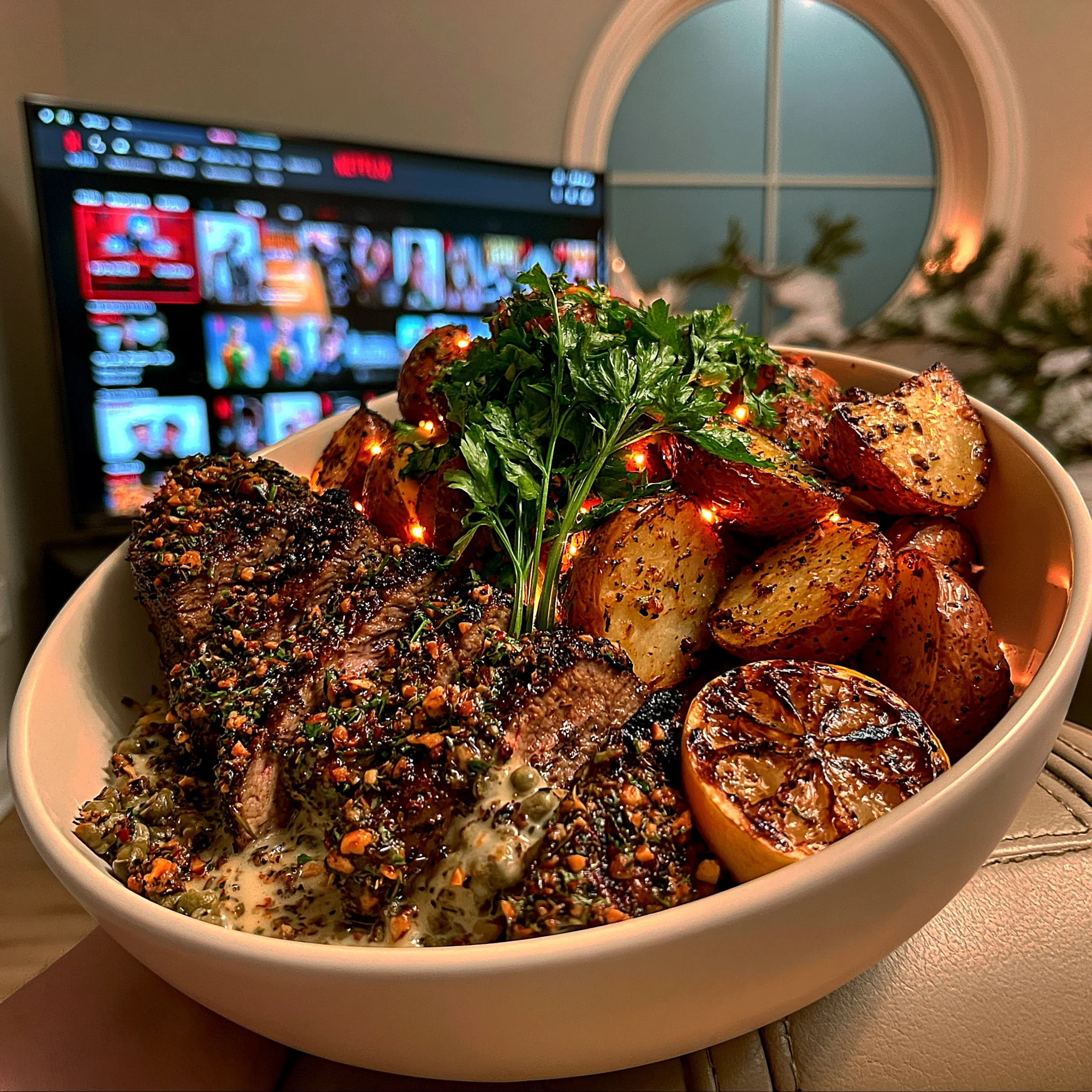 Toasted Hazelnut and Dried Tarragon-Crusted Strip Steak with Charred Lemon and Caper Butter