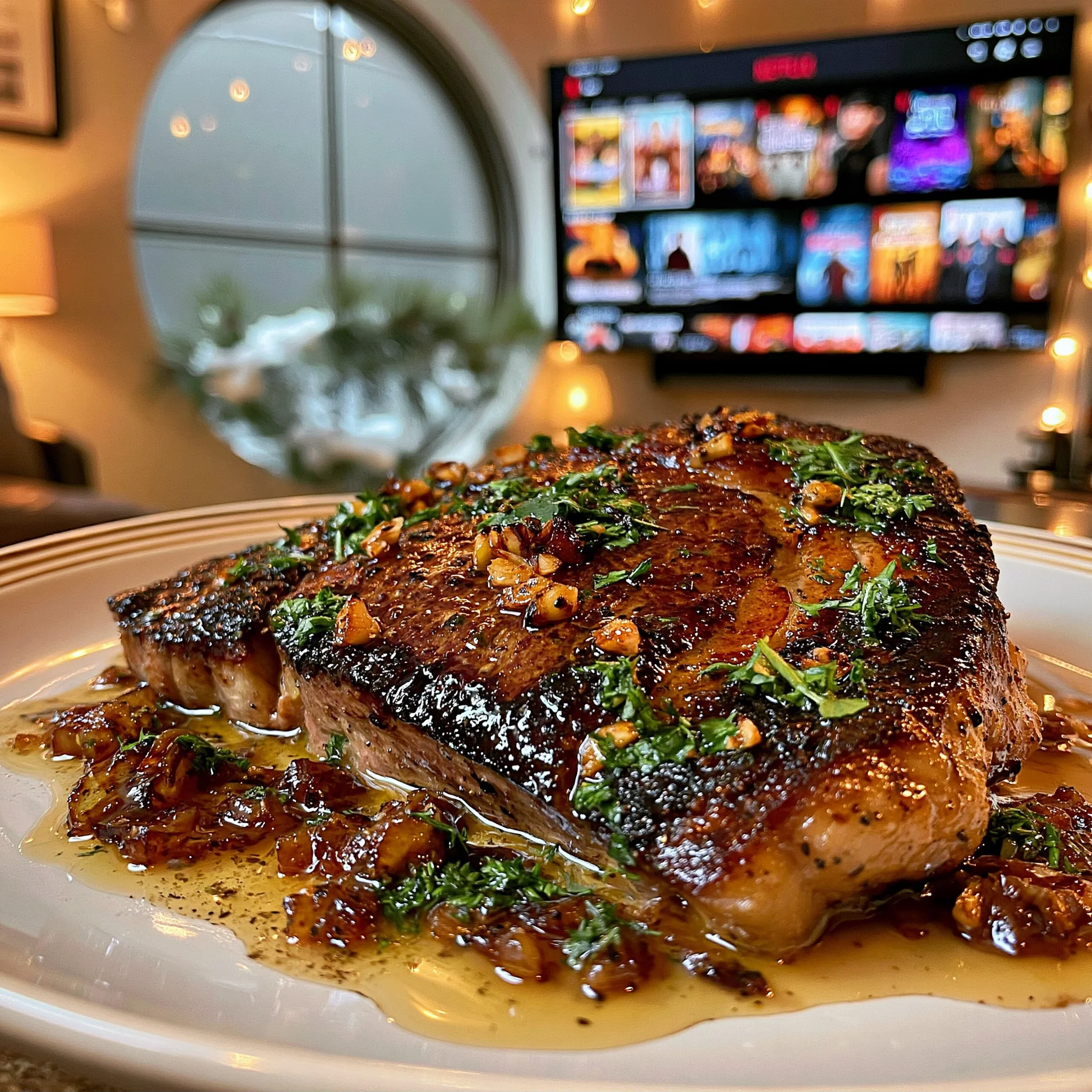 Toasted Herb and Confit Garlic-Crusted New York Strip with Browned Shallot Butter