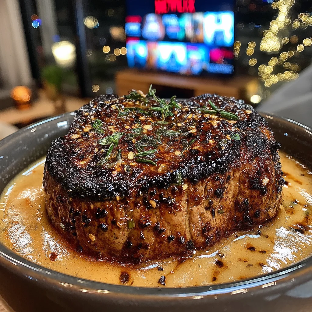 Toasted Macadamia and Tarragon-Crusted Filet Mignon with a Velvety Charred Onion Gravy