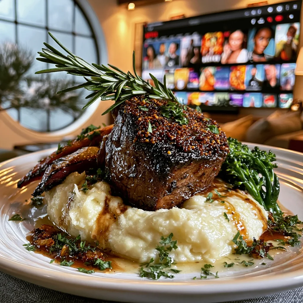 Toasted Mustard Seed and Rosemary-Crusted Filet Mignon with Roasted Garlic Butter