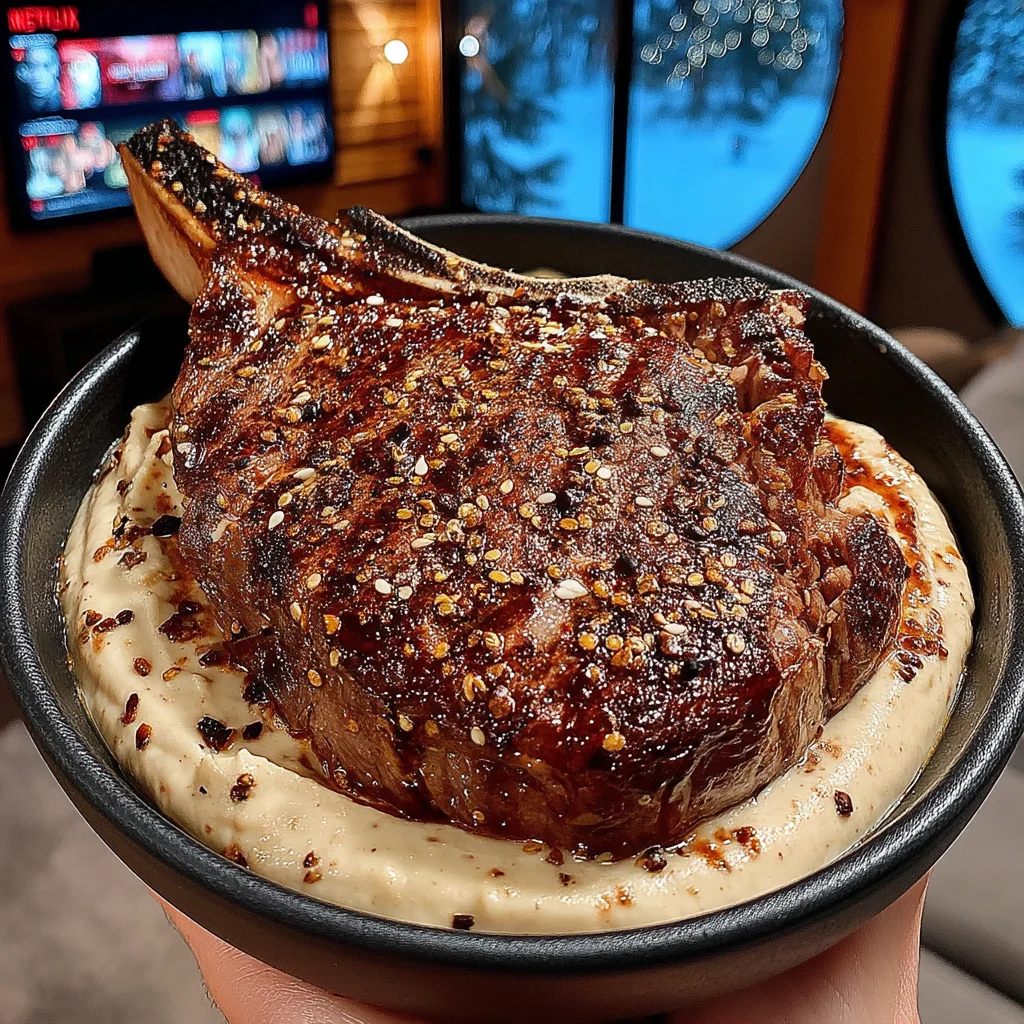 Toasted Pine Nut and Za’atar-Crusted Tomahawk Steak with Whipped Roasted Eggplant Butter