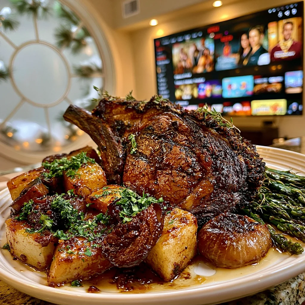 Wild Herb and Roasted Shallot-Crusted Prime Rib with Smoked Garlic Confit Butter