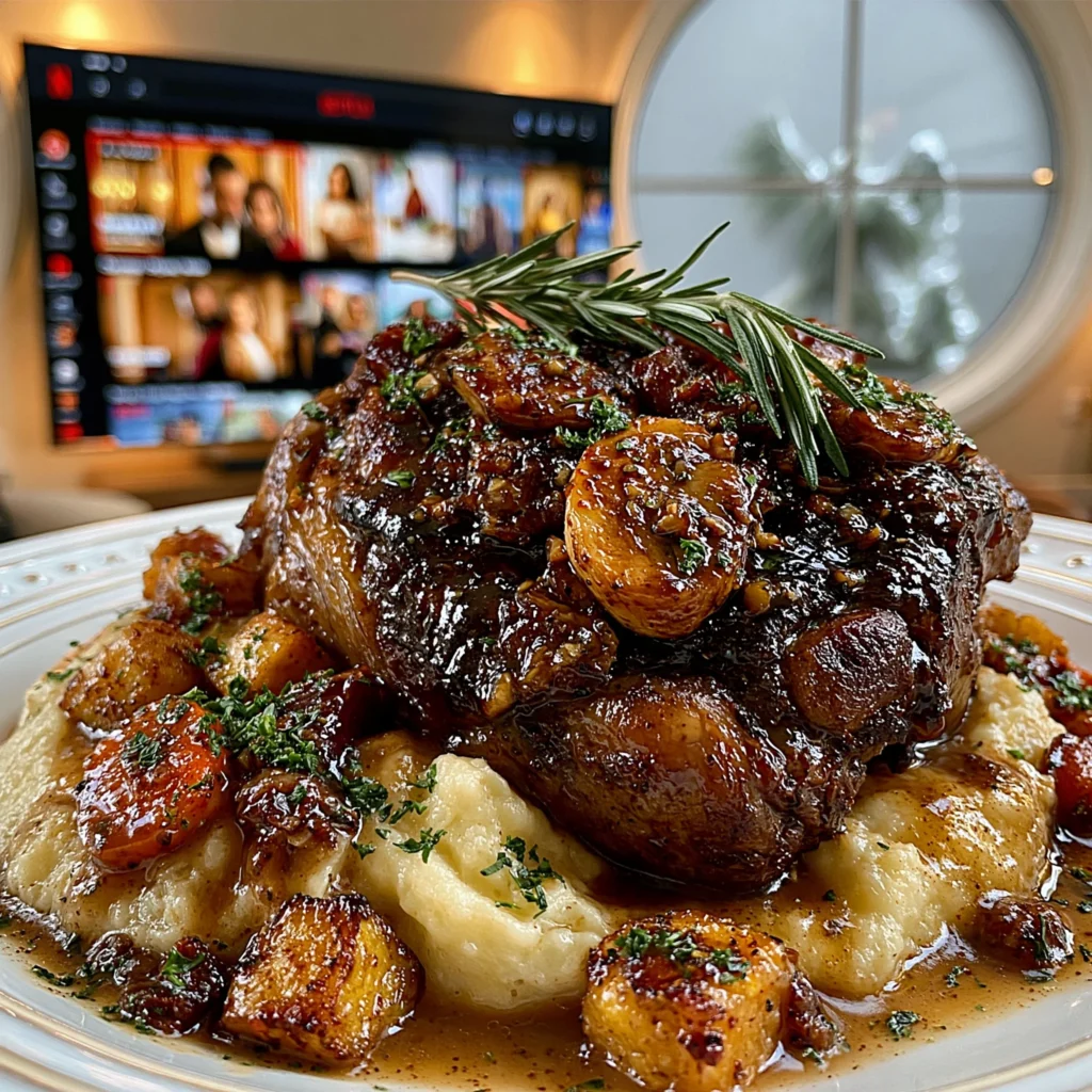Balsamic-Glazed Garlic and Fresh Rosemary-Braised Lamb Shoulder with Rich Root Vegetable Gravy