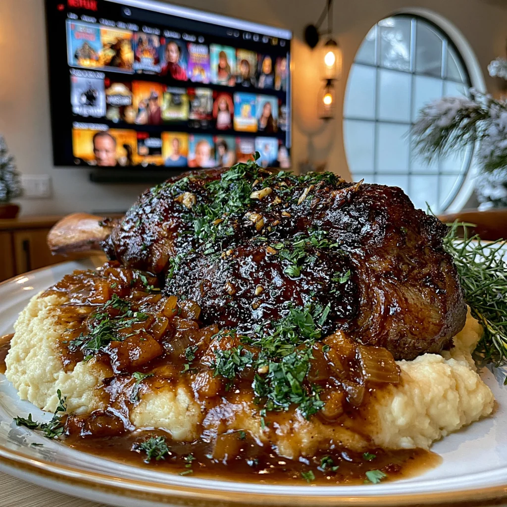 Balsamic-Glazed Garlic and Herb-Braised Lamb Leg with Velvety Pan Gravy