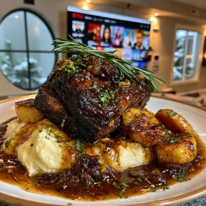 Balsamic-Glazed Garlic and Rosemary-Braised Beef Brisket with Rich Root Vegetable Gravy