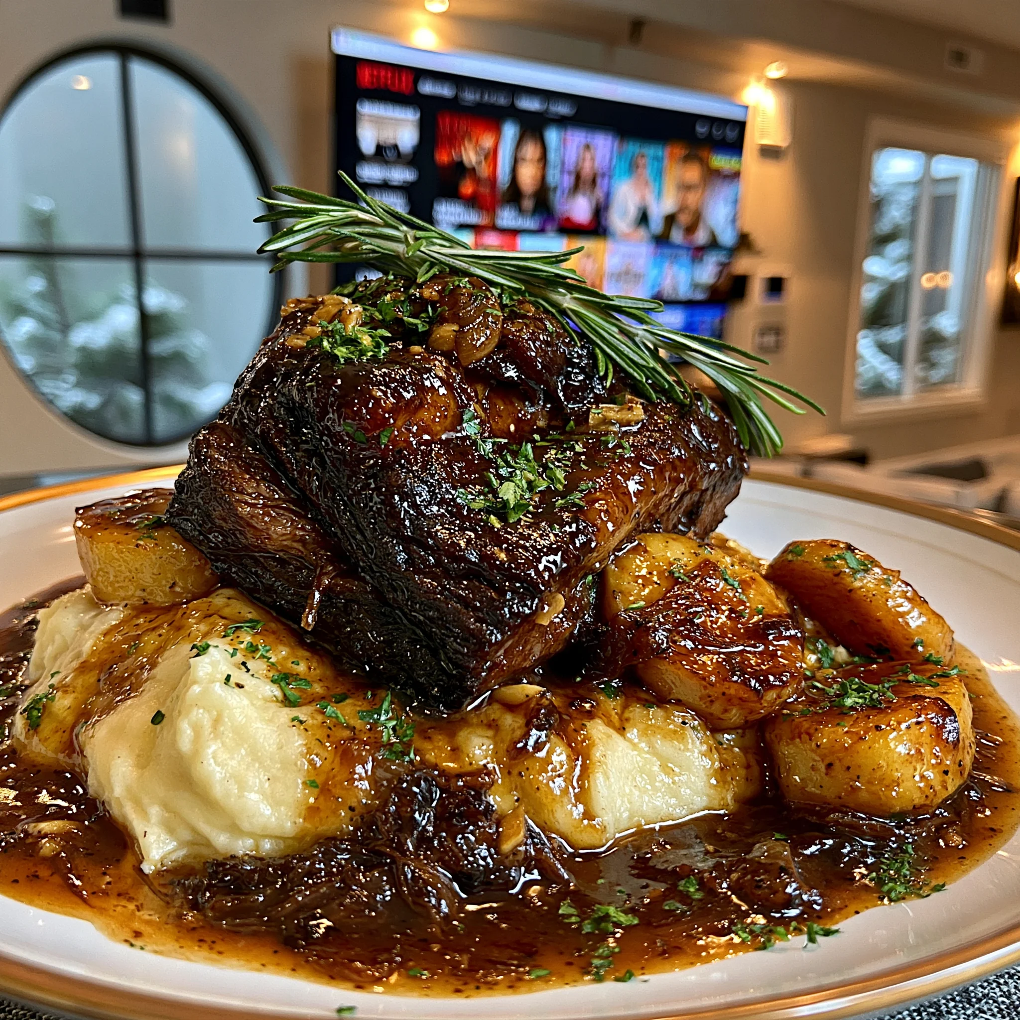 Balsamic-Glazed Garlic and Rosemary-Braised Beef Brisket with Rich Root Vegetable Gravy
