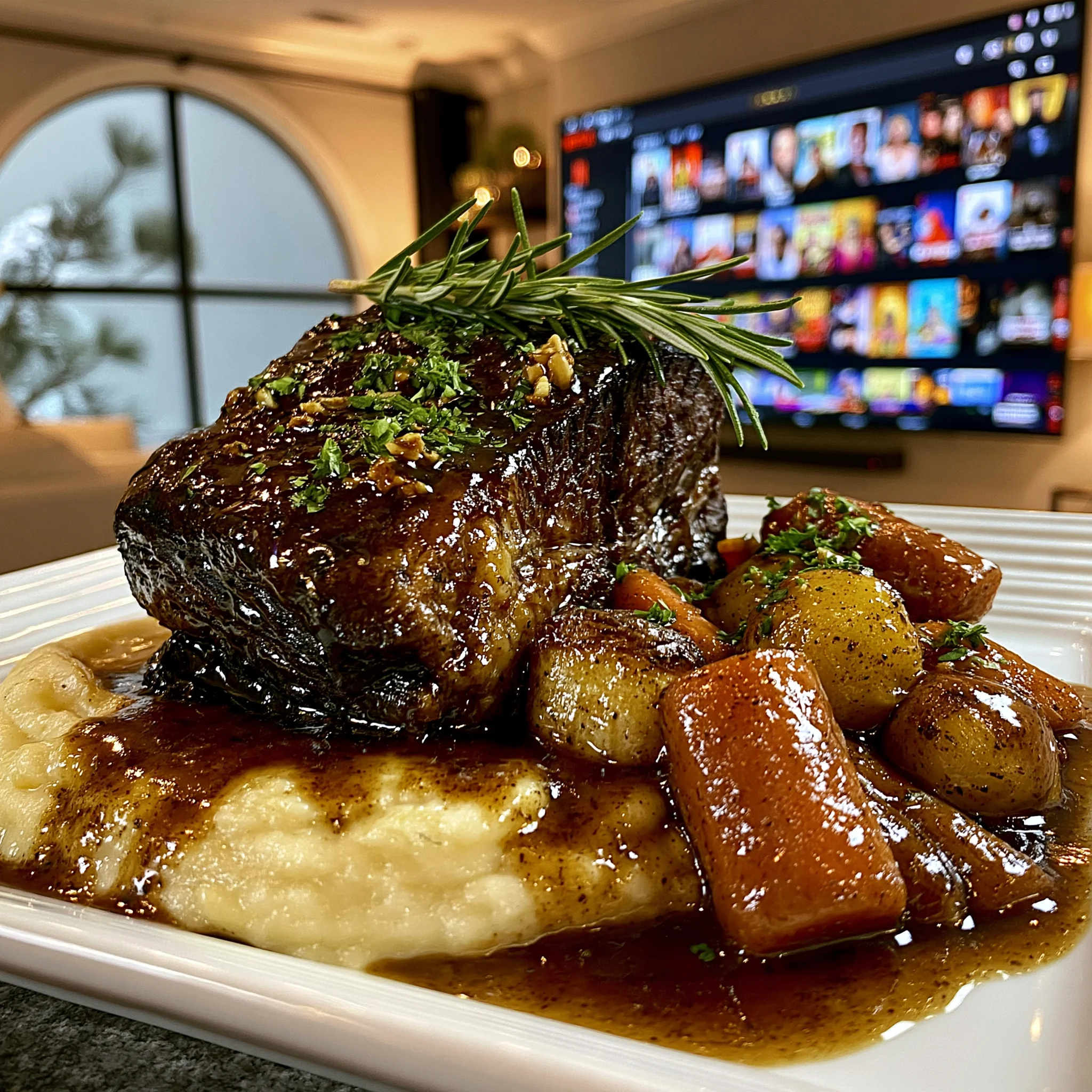 Balsamic-Glazed Garlic and Rosemary Braised Beef Brisket with Rich Root Vegetable Gravy