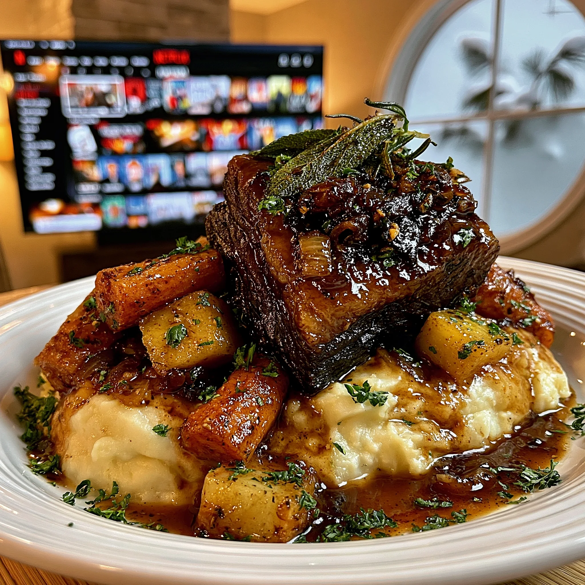 Balsamic-Glazed Garlic and Sage Braised Beef Brisket with Rich Root Vegetable Gravy