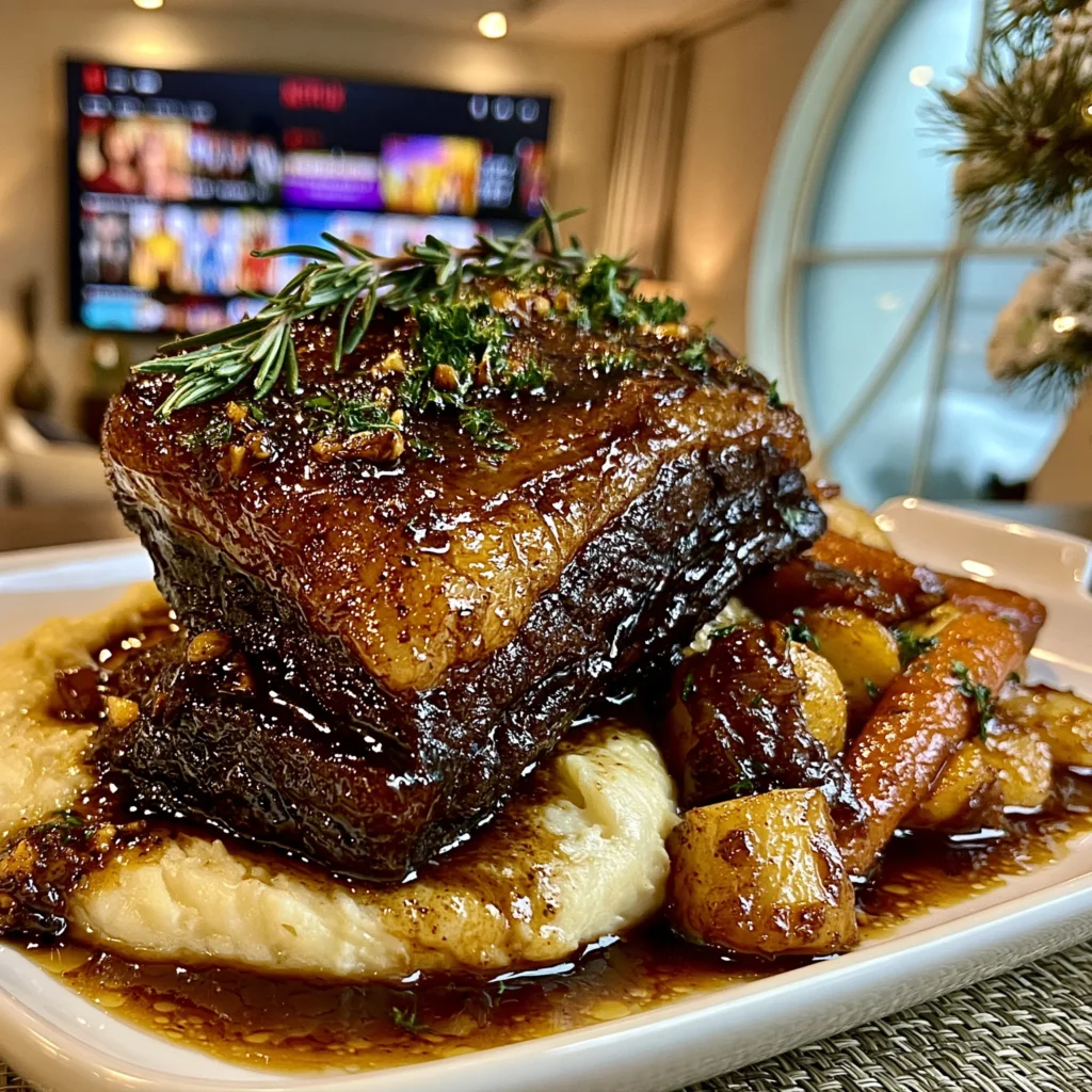 Balsamic-Glazed Garlic and Tarragon-Braised Beef Brisket with Rich Root Vegetable Gravy