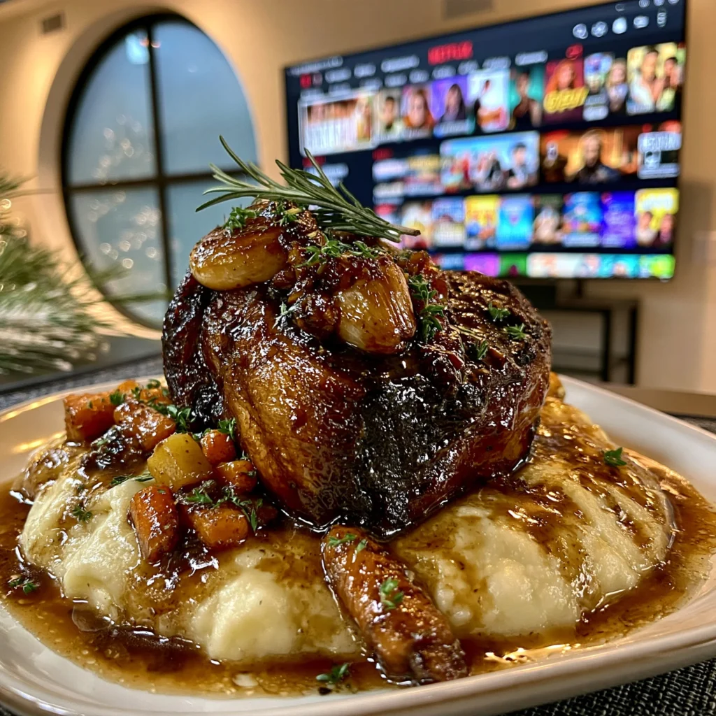 Balsamic-Glazed Garlic and Tarragon-Braised Lamb Shoulder with Rich Root Vegetable Gravy