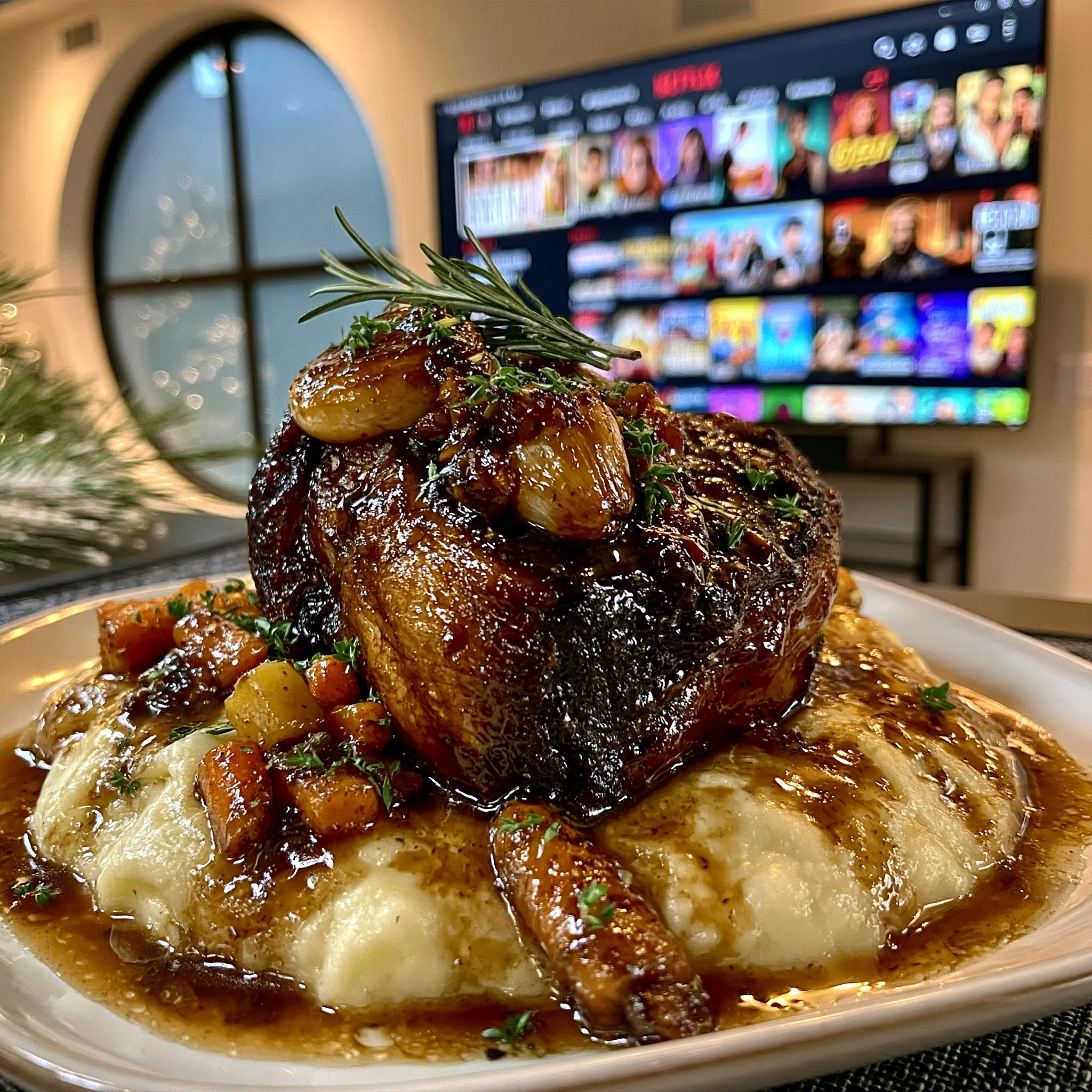 Balsamic-Glazed Garlic and Tarragon-Braised Lamb Shoulder with Rich Root Vegetable Gravy