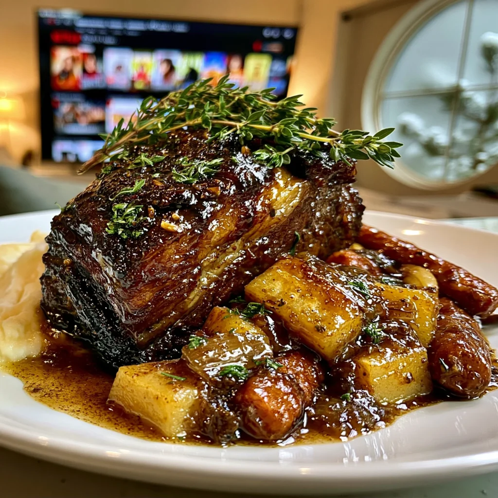 Balsamic-Glazed Garlic and Tarragon Braised Lamb Shoulder with Rich Root Vegetable Gravy
