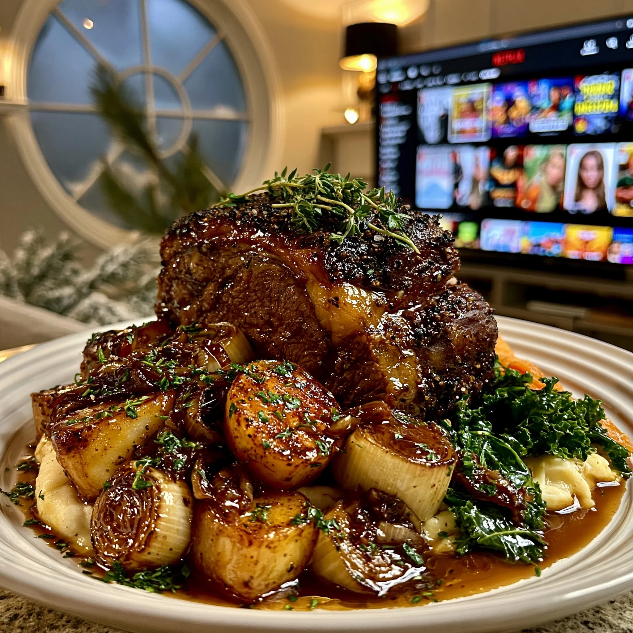 Caramelized Leek and Black Pepper-Crusted Prime Rib with Smoked Shallot Butter