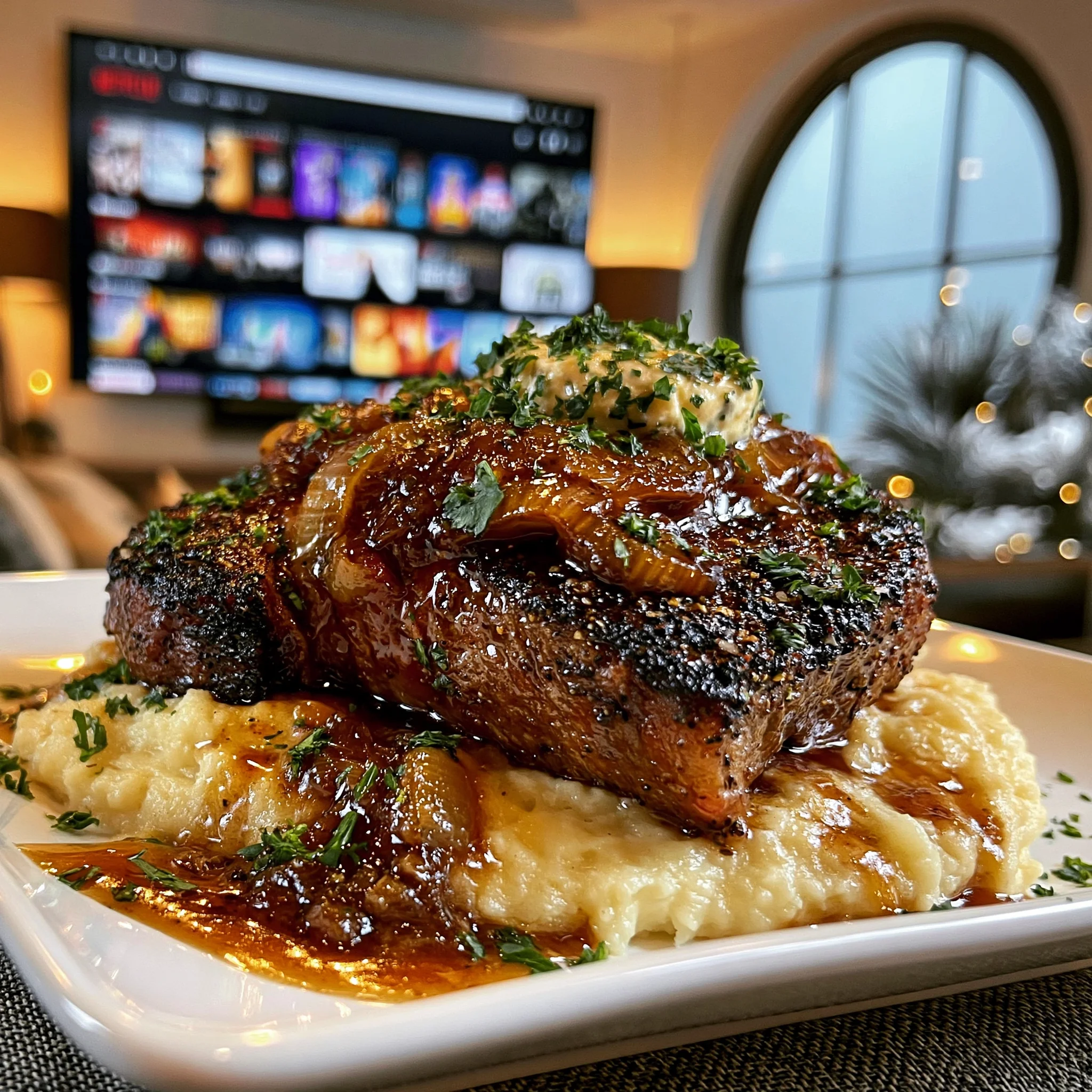 Caramelized Leek and Cracked Black Pepper-Crusted Ribeye with Herb-Infused Compound Butter