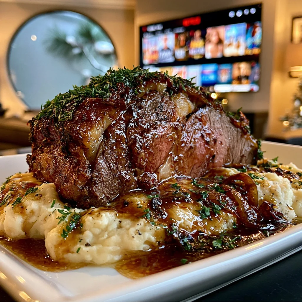 Caramelized Leek and Fresh Tarragon-Crusted Prime Rib with Black Garlic Butter