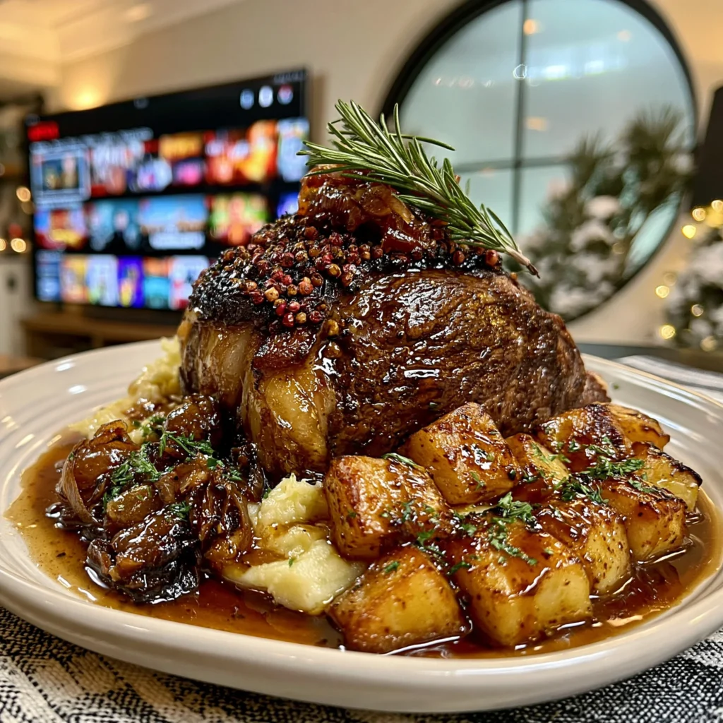 Caramelized Shallot and Pink Peppercorn-Crusted Prime Rib with Smoked Leek Butter