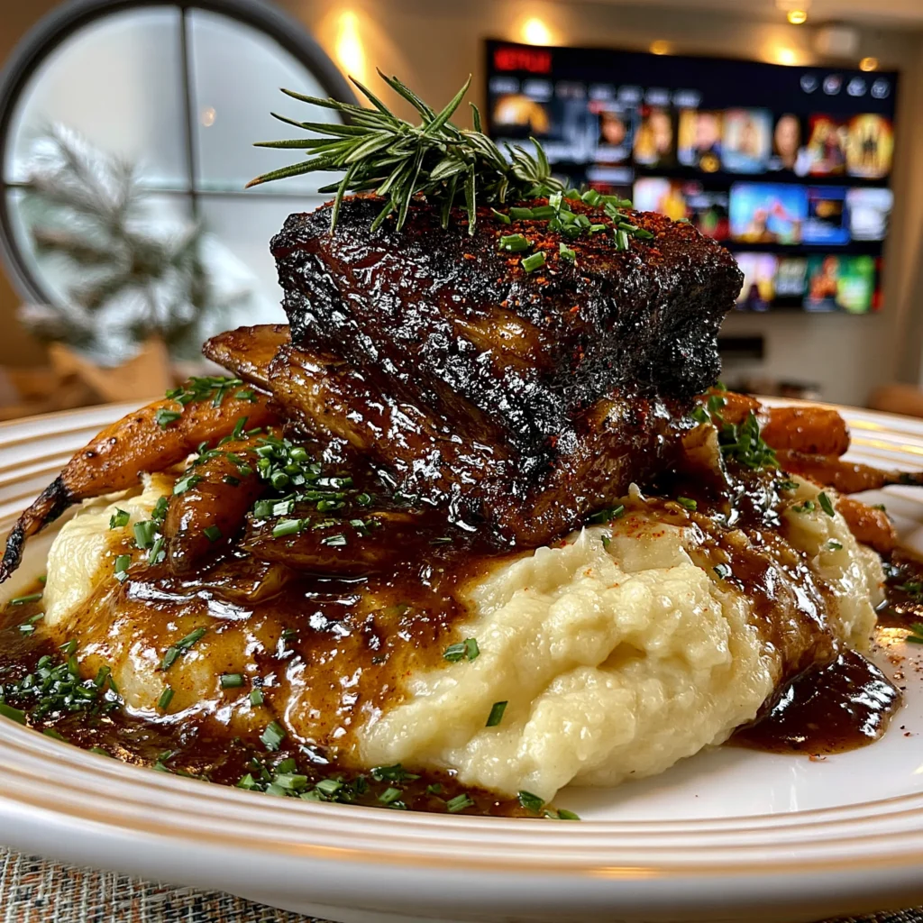 Charred Garlic Chive and Smoked Paprika-Crusted Beef Short Ribs with Velvety Root Vegetable Gravy