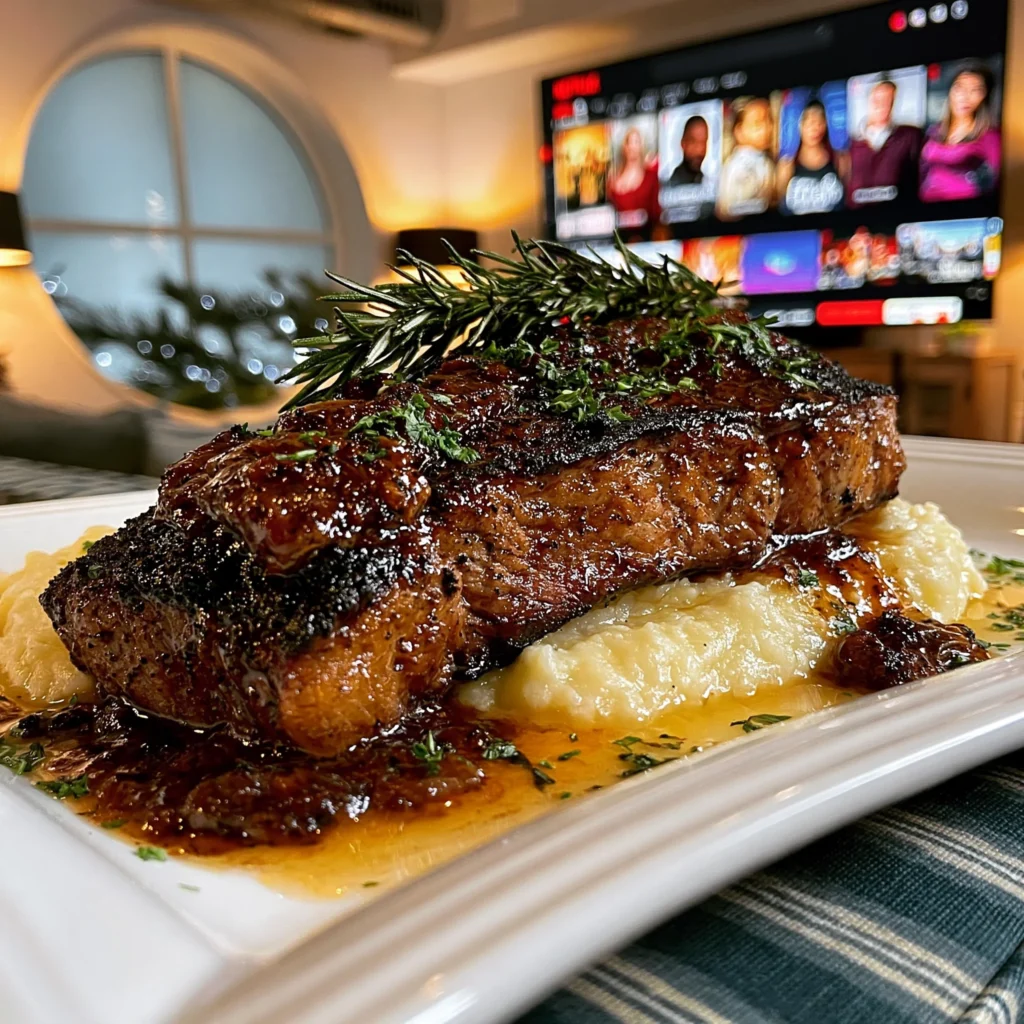 Charred Green Onion and Cracked Allspice-Crusted New York Strip with Black Garlic Butter