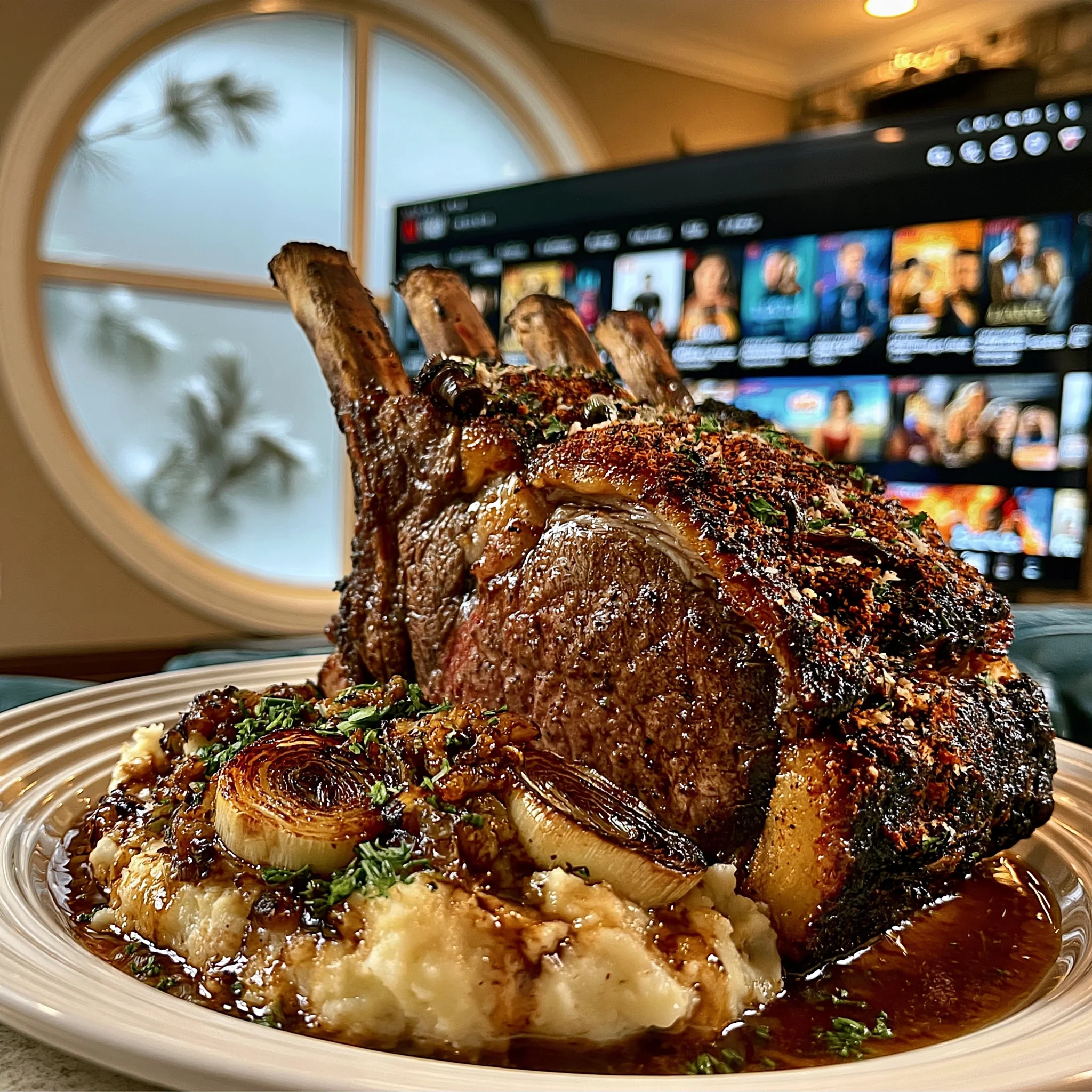 Charred Green Onion and Smoked Paprika-Crusted Prime Rib with Roasted Leek Butter