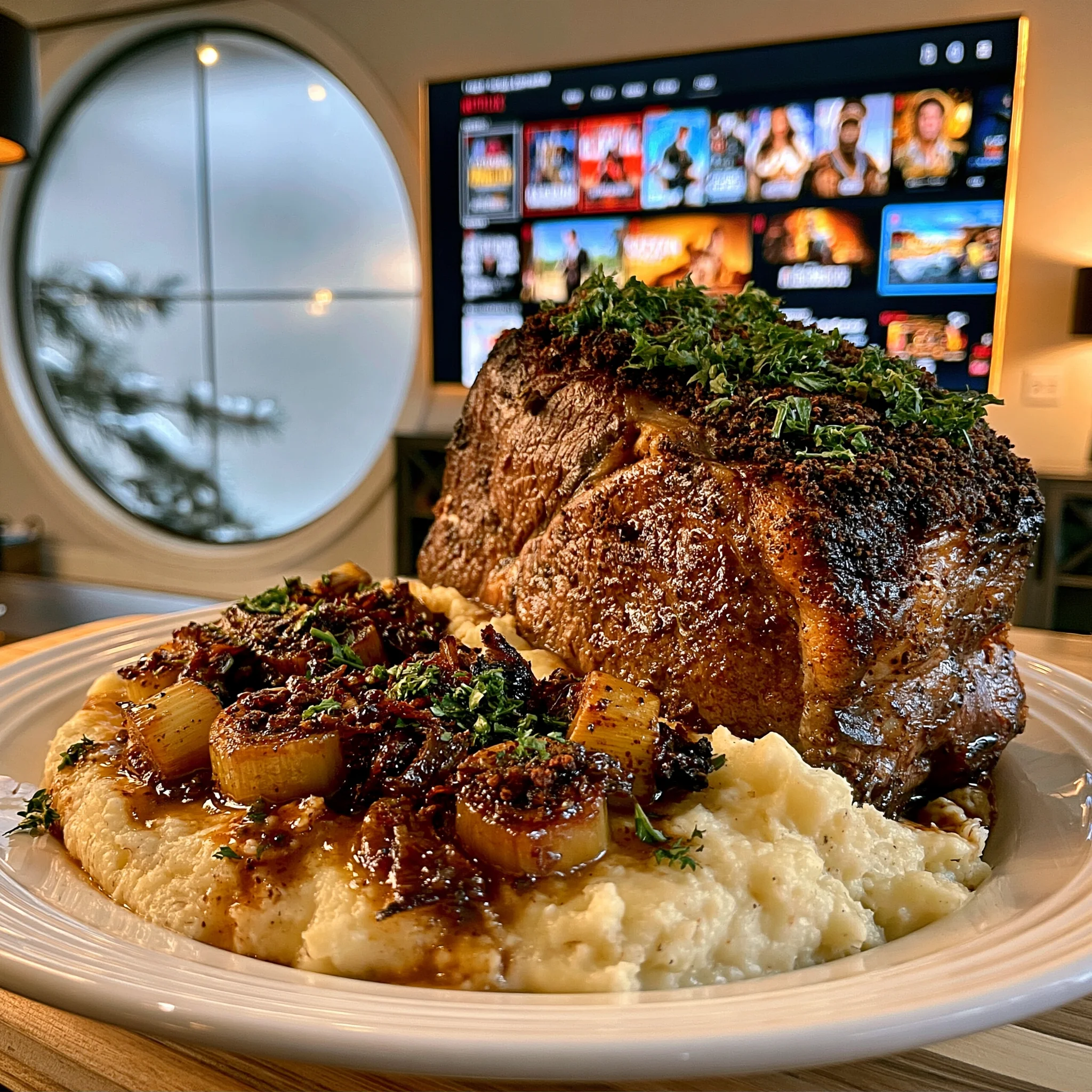 Charred Leek and Cracked Allspice-Crusted Prime Rib with Herb Confit Butter