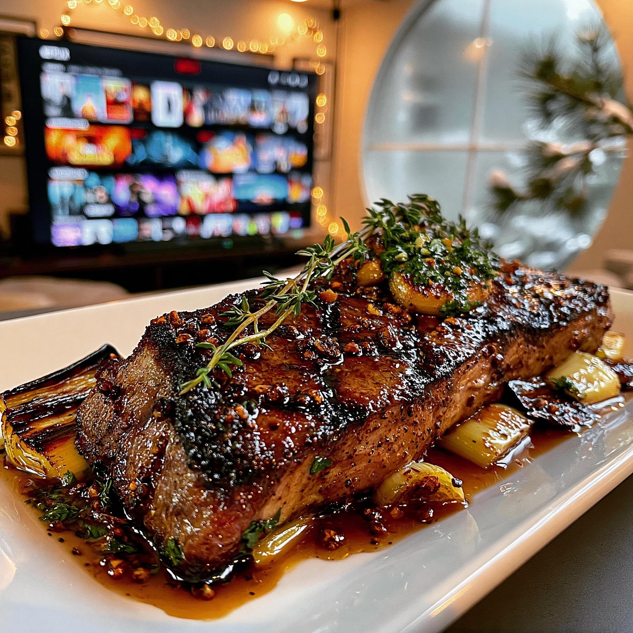 Charred Leek and Cracked Szechuan Peppercorn-Crusted New York Strip with Black Garlic Herb Butter