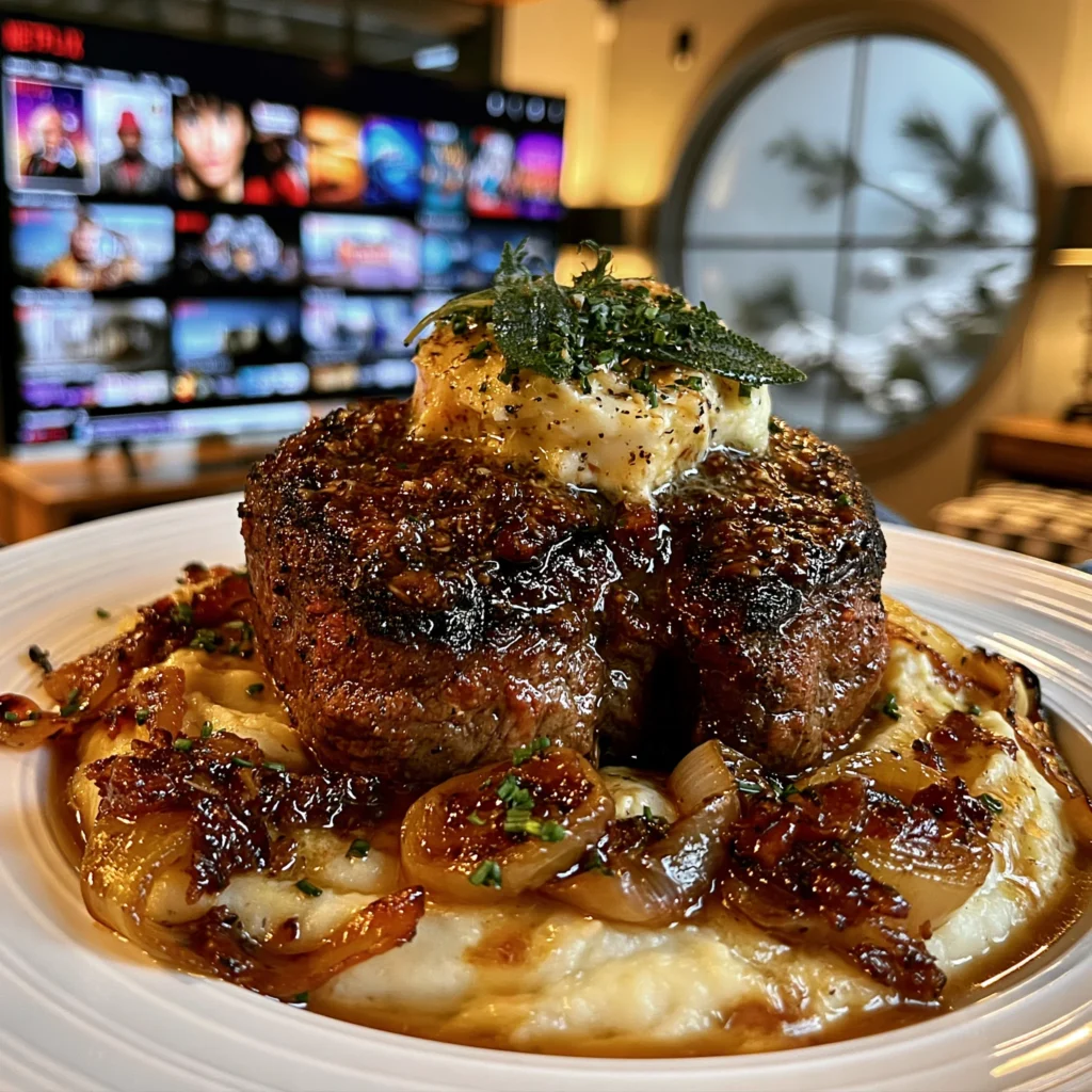 Charred Leek and Fresh Sage-Crusted Filet Mignon with Tarragon Chive Butter
