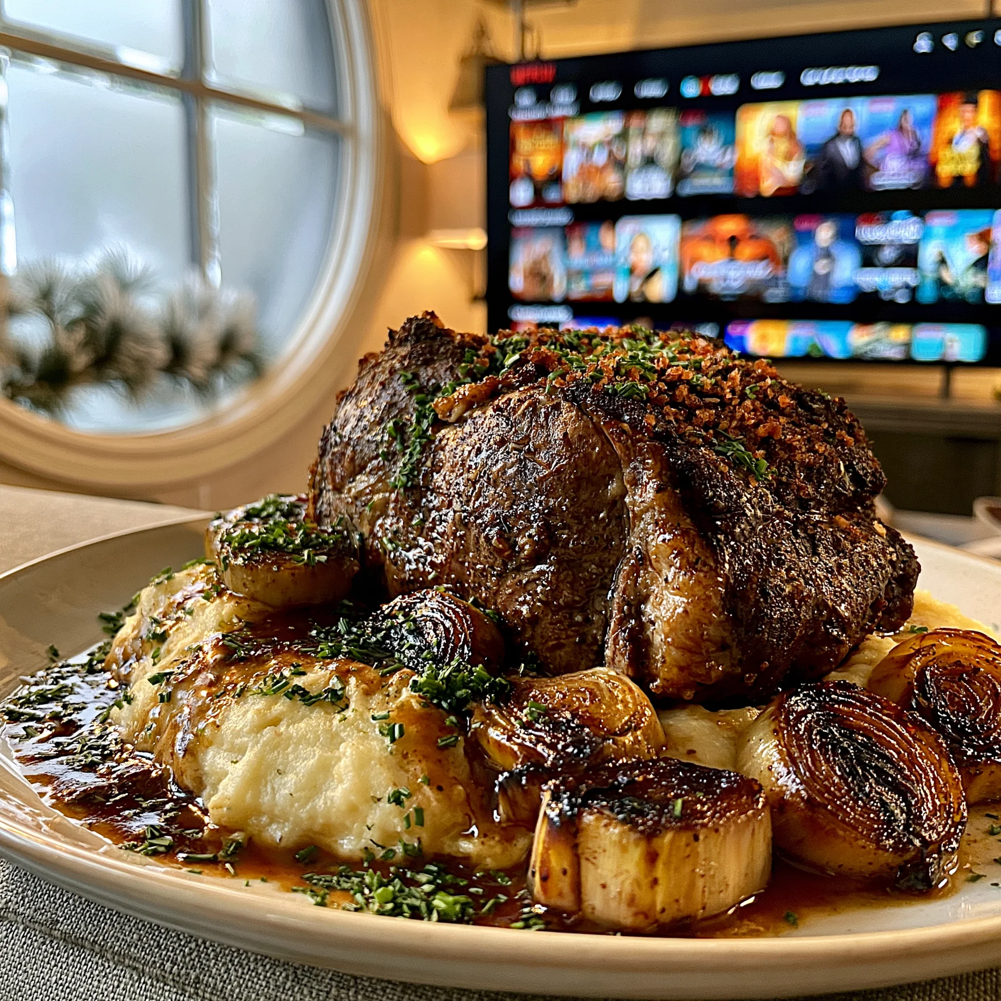 Charred Leek and Smoked Sea Salt-Crusted Prime Rib with Tarragon Chive Butter