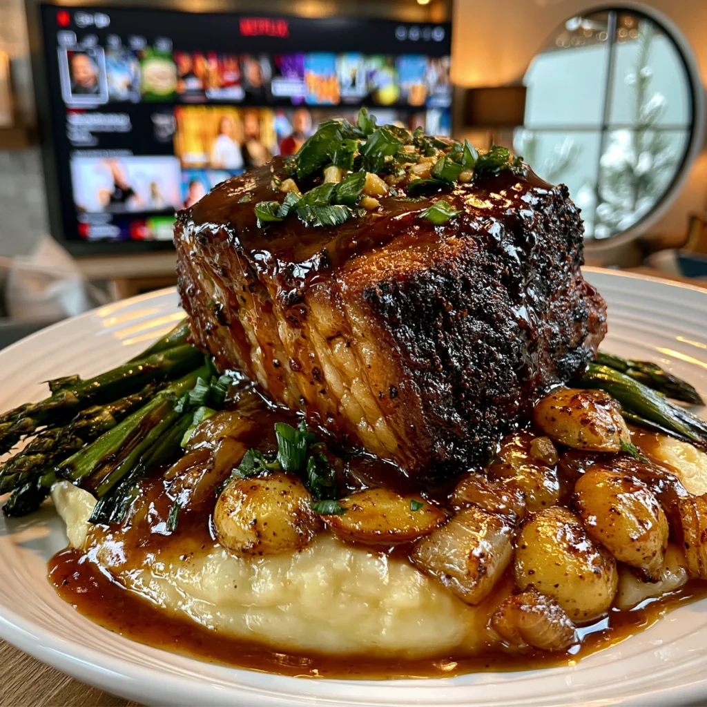 Charred Scallion and Cracked Allspice-Crusted Beef Brisket with Fire-Roasted Garlic Butter