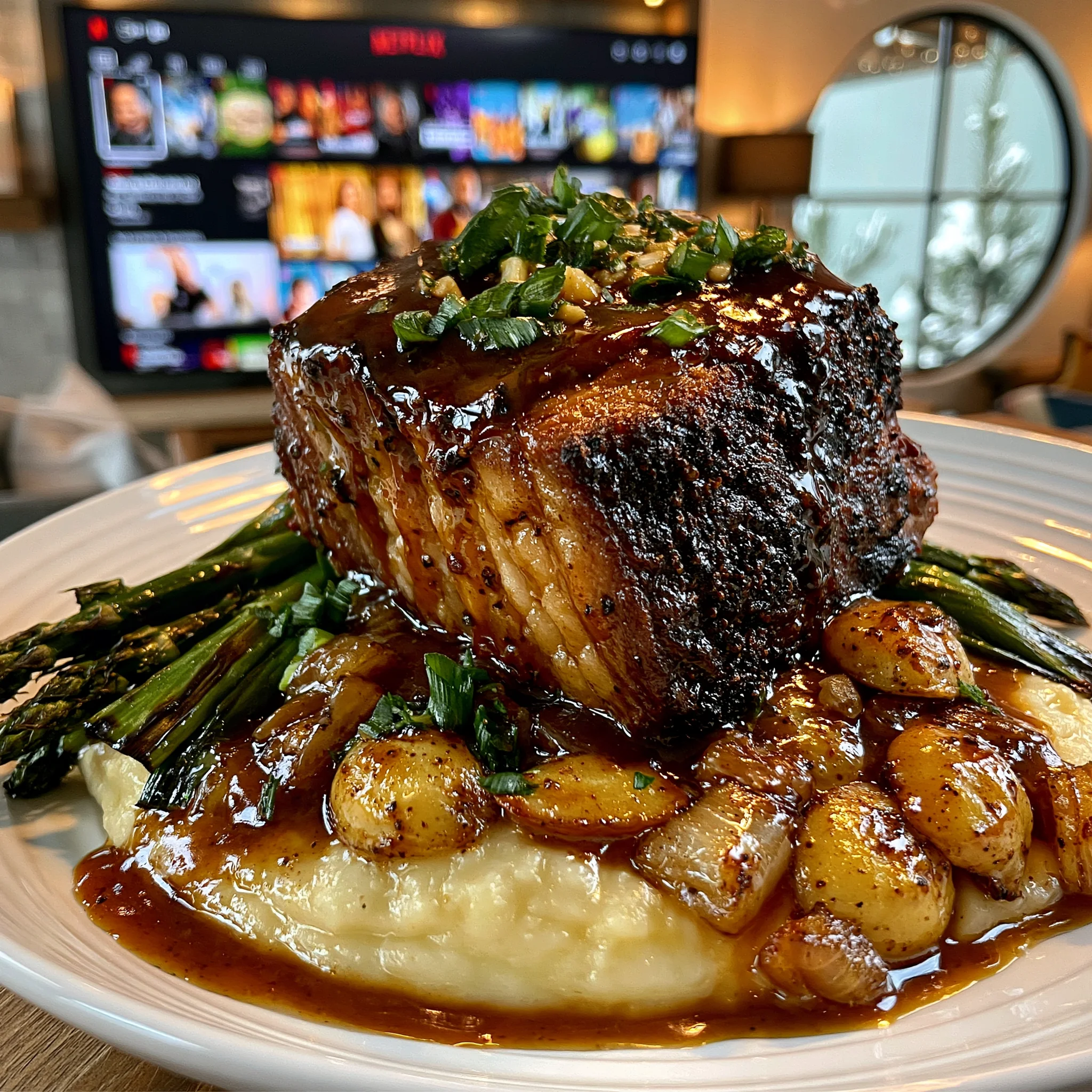 Charred Scallion and Cracked Allspice-Crusted Beef Brisket with Fire-Roasted Garlic Butter