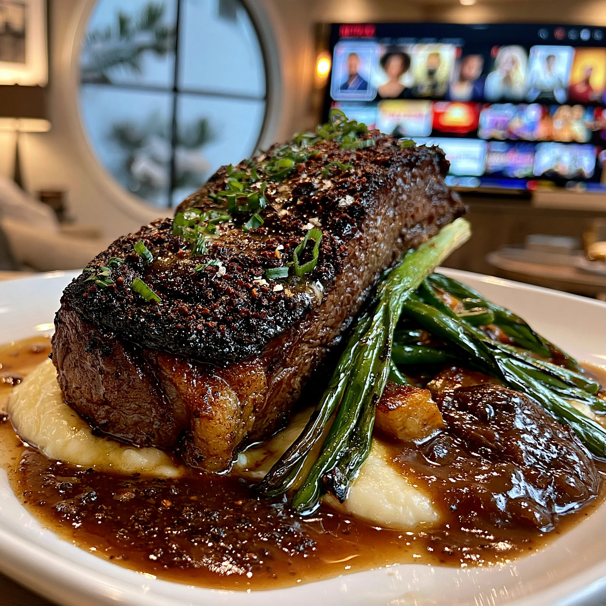 Charred Scallion and Cracked Allspice-Crusted Bison Strip Loin with Fire-Roasted Garlic Butter
