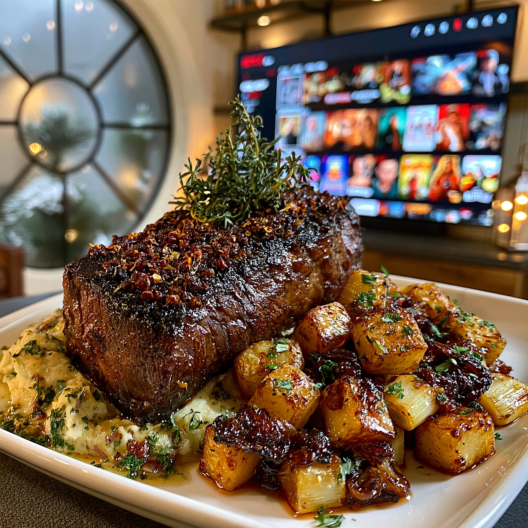 Charred Scallion and Cracked Cubeb Peppercorn-Crusted Bison Strip Loin with Fire-Roasted Herb Confit Butter
