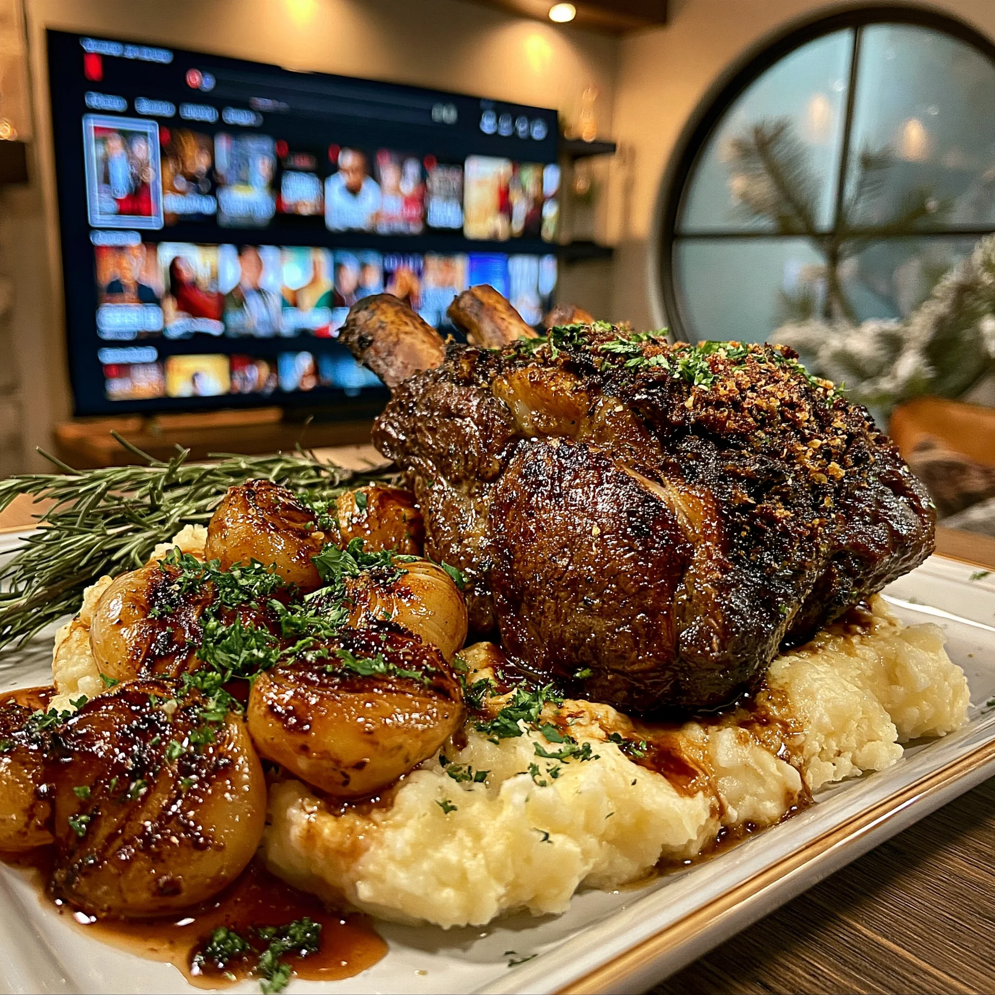 Charred Shallot and Cracked Cardamom-Crusted Bison Rib Roast with Fire-Roasted Herb Butter