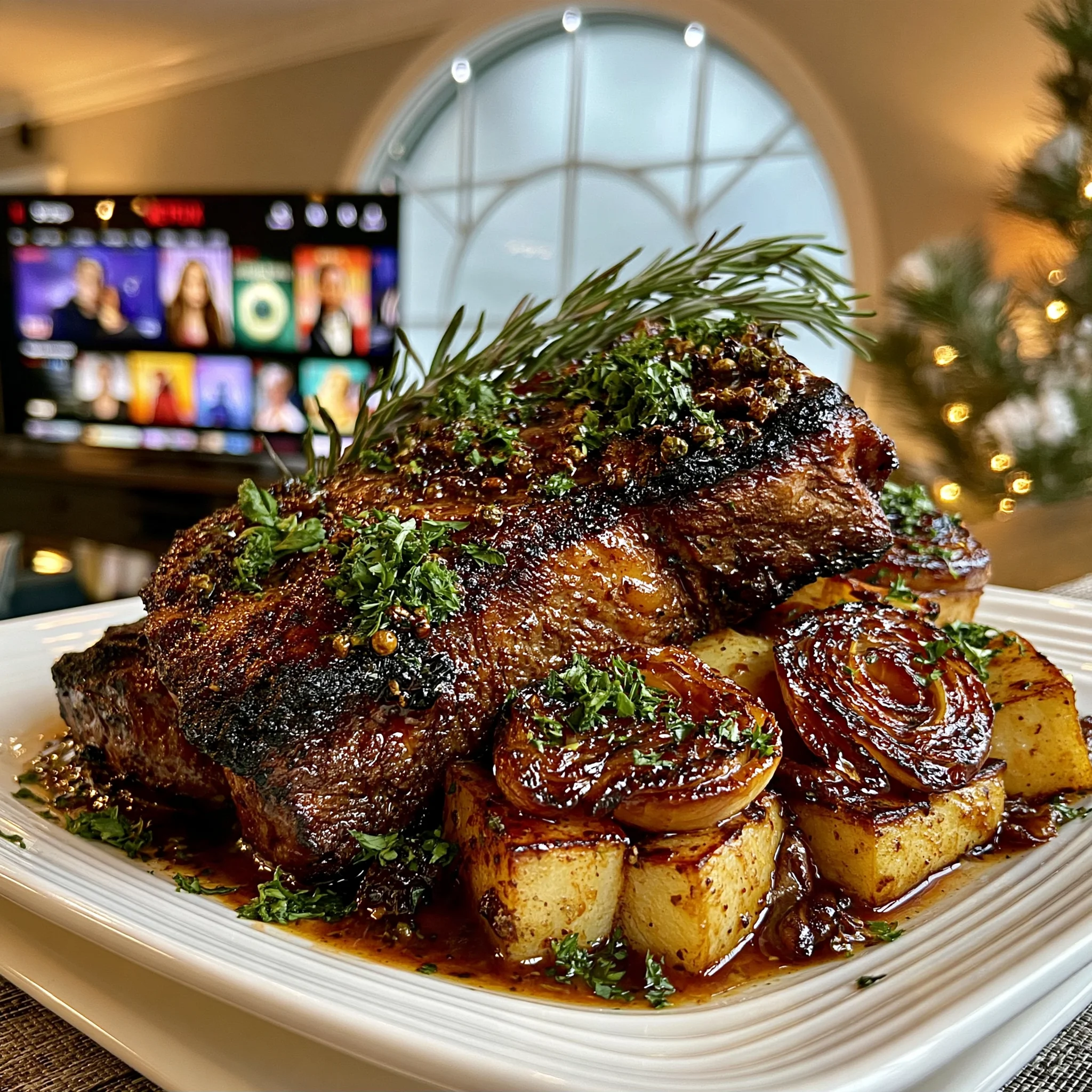 Charred Shallot and Cracked Green Peppercorn-Crusted New York Strip with Herb-Infused Compound Butter