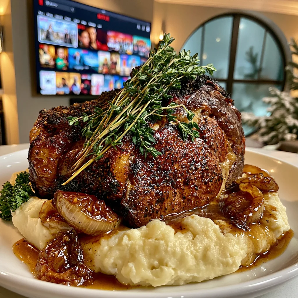 Charred Shallot and Wild Thyme-Crusted Prime Rib with Black Garlic Compound Butter