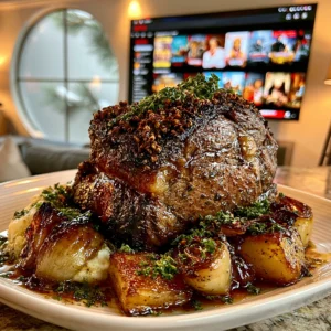 Charred Spring Onion and Cracked Sichuan Peppercorn-Crusted Prime Rib Roast with Smoked Herb Butter