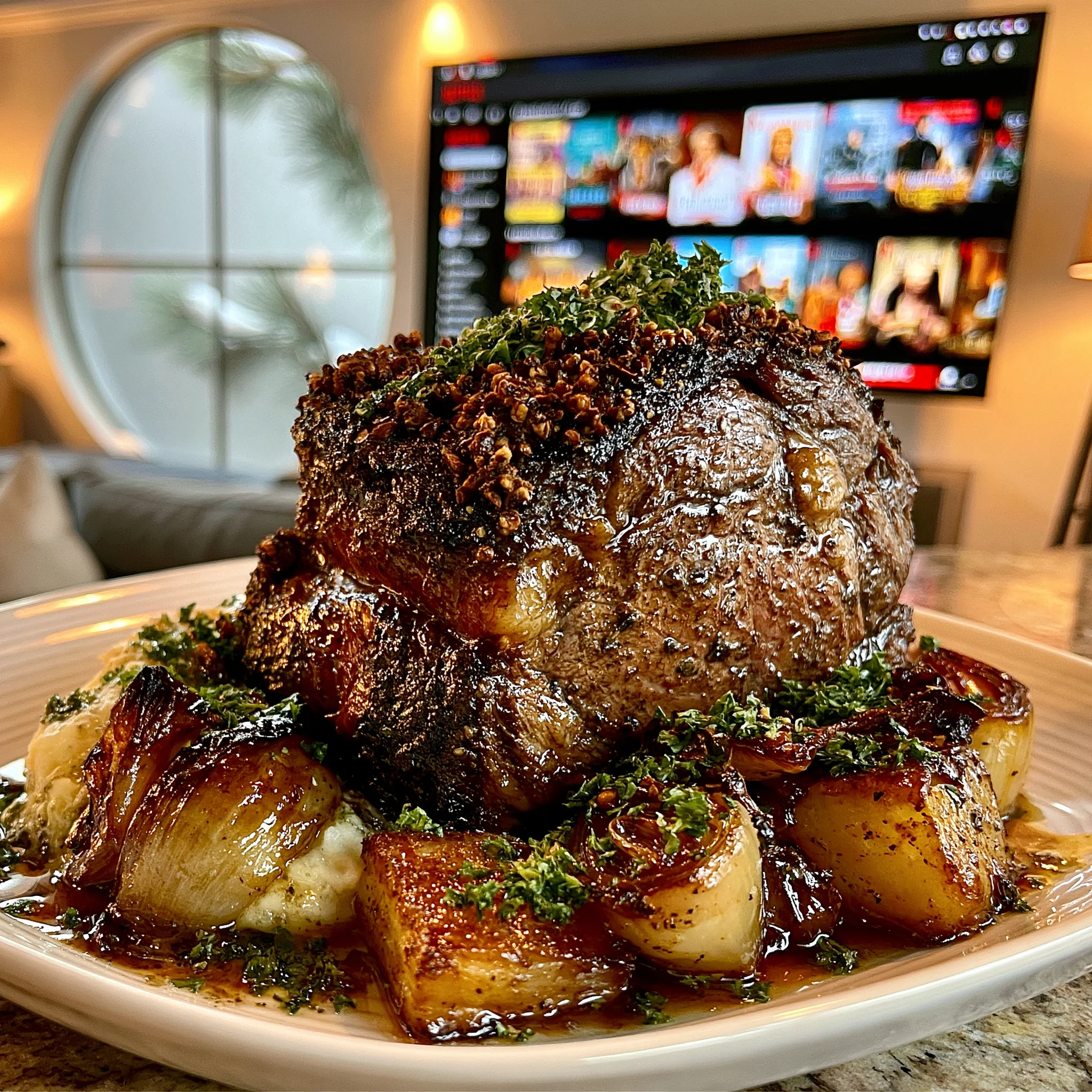 Charred Spring Onion and Cracked Sichuan Peppercorn-Crusted Prime Rib Roast with Smoked Herb Butter