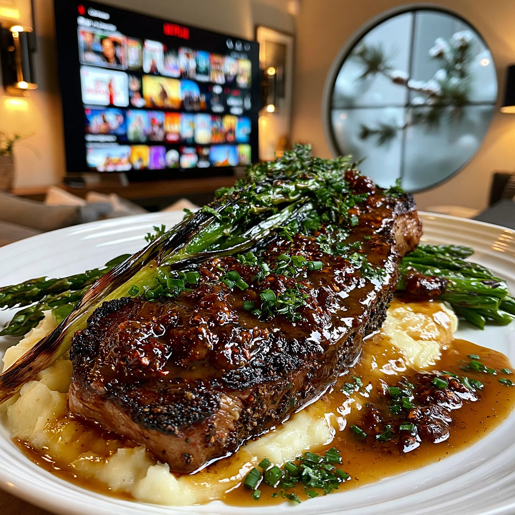 Charred Spring Onion and Cracked Szechuan Peppercorn-Crusted New York Strip with Black Garlic Butter