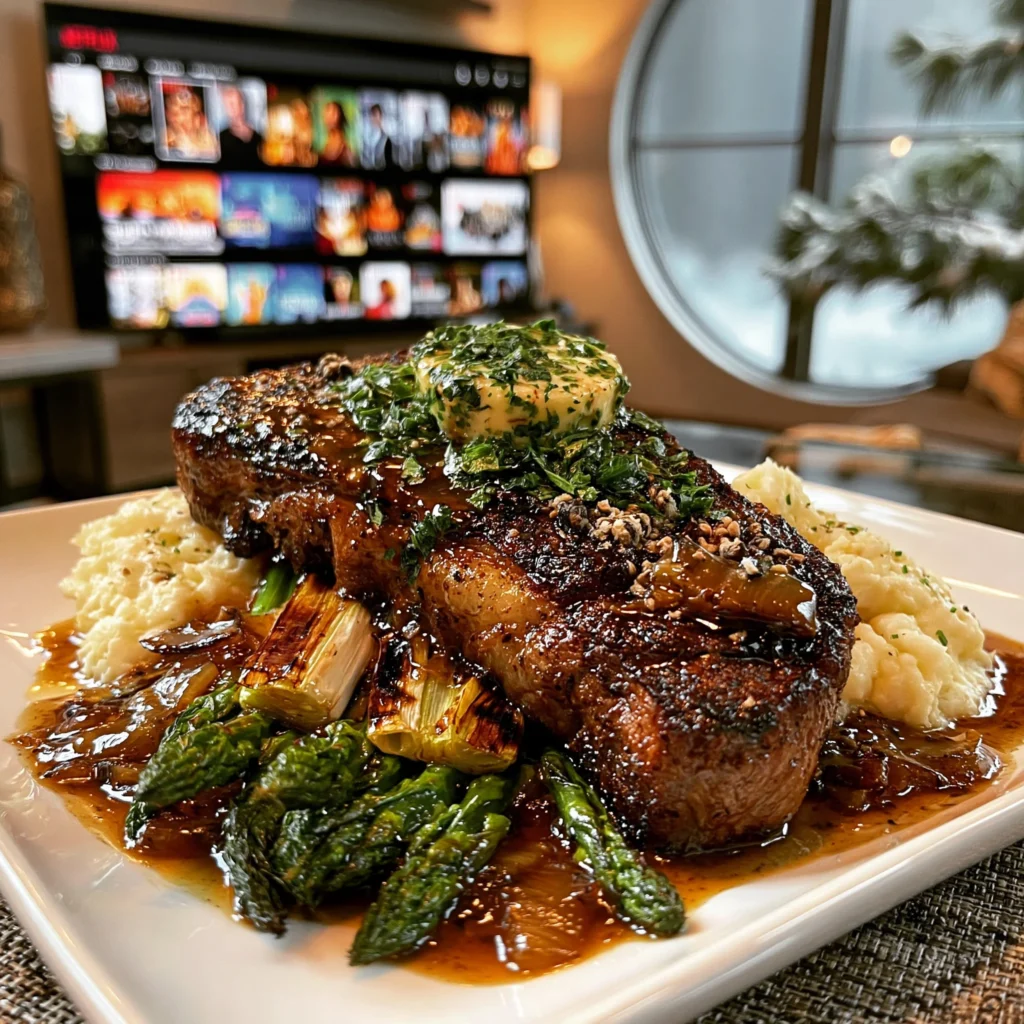 Charred Spring Onion and Cracked White Peppercorn-Crusted New York Strip with Herb-Infused Compound Butter