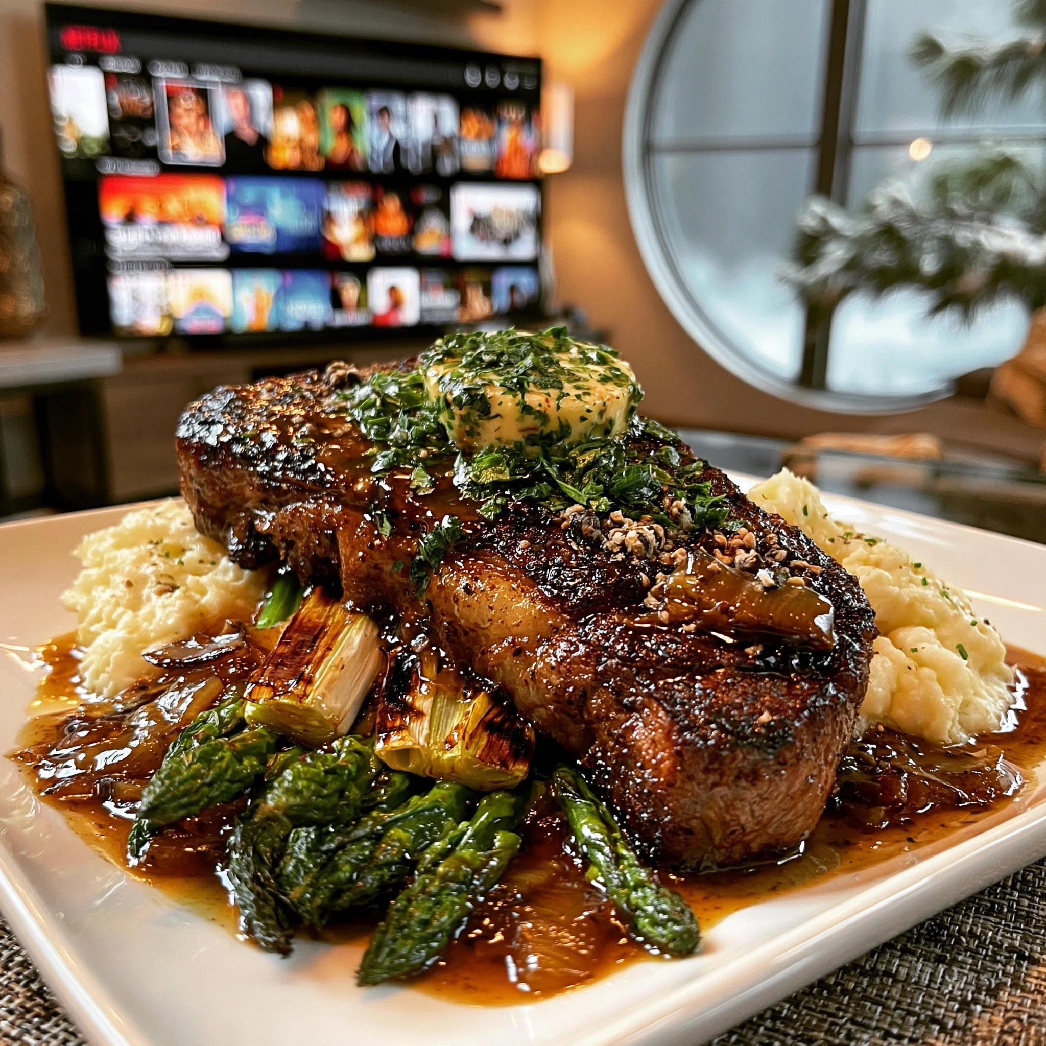 Charred Spring Onion and Cracked White Peppercorn-Crusted New York Strip with Herb-Infused Compound Butter