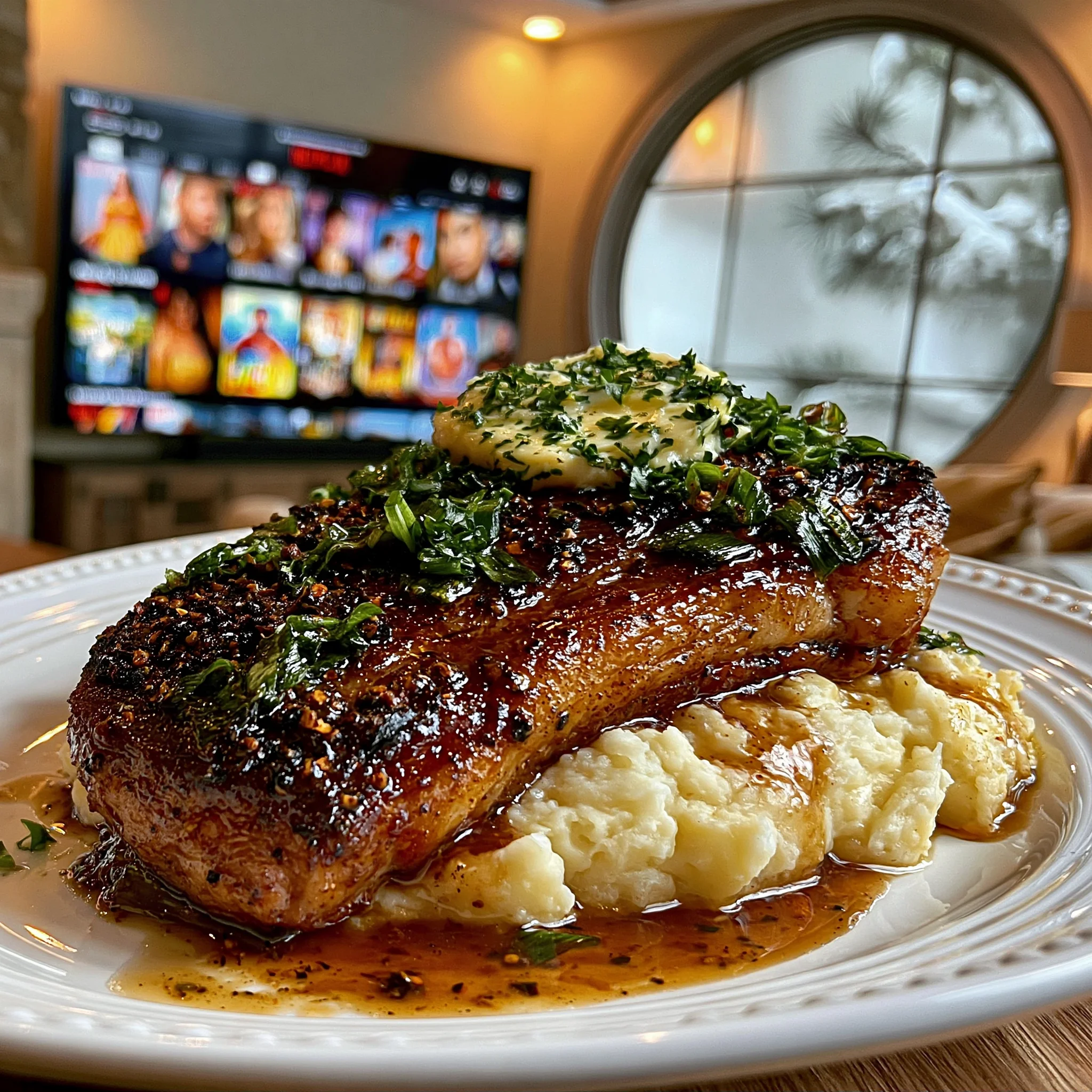 Charred Spring Scallion and Cracked Sichuan Peppercorn-Crusted New York Strip with Herb-Infused Compound Butter