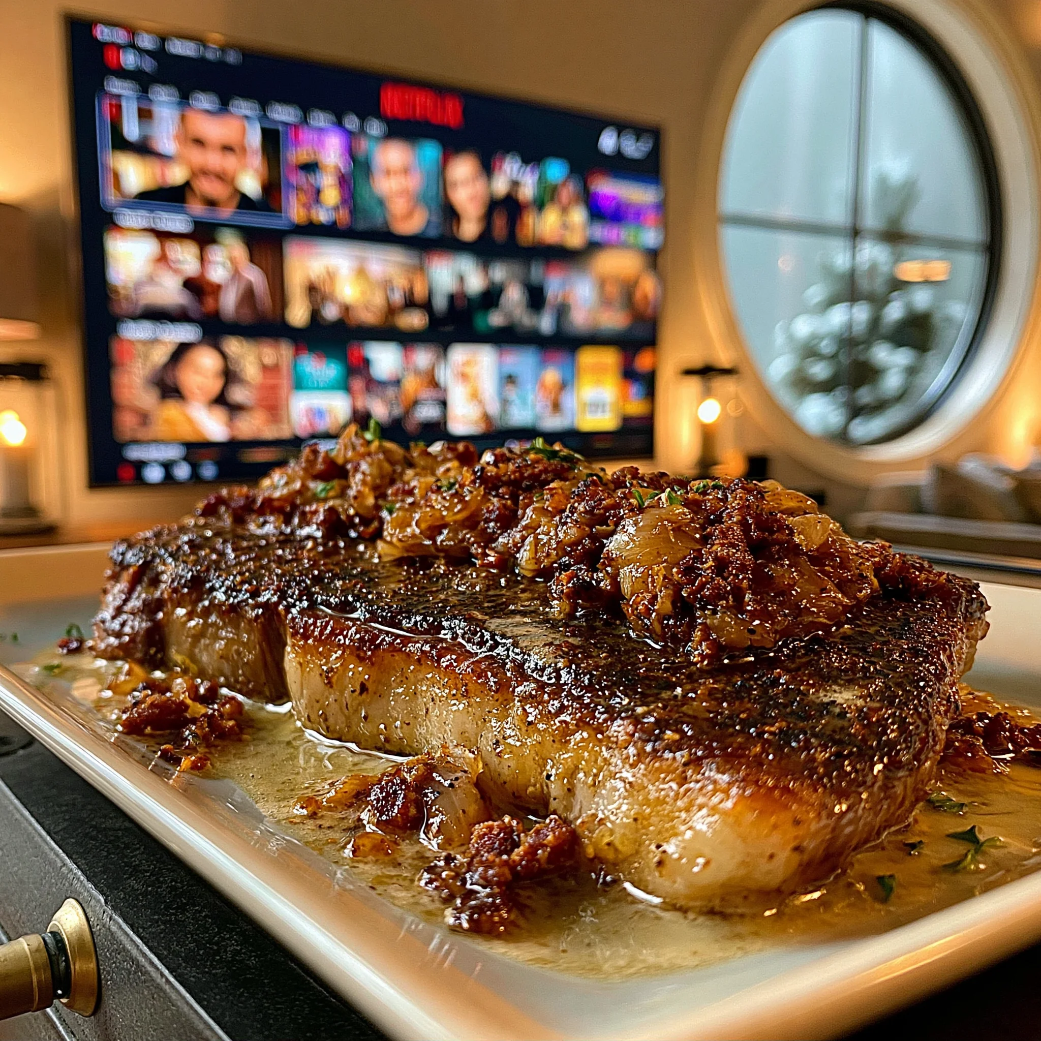 Cracked Allspice and Caramelized Shallot-Crusted New York Strip with Browned Garlic Confit Butter