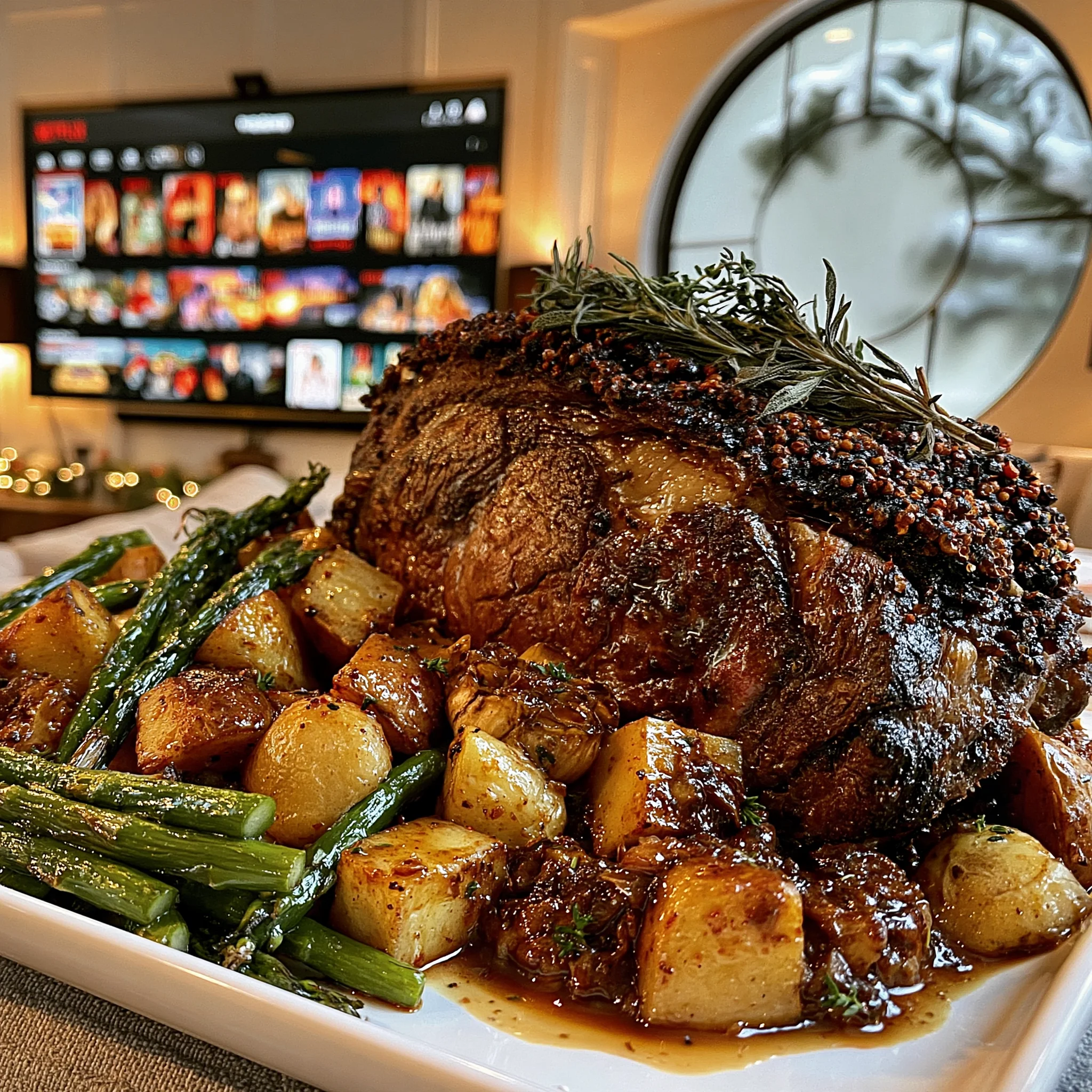 Cracked Pink Peppercorn and Wild Sage-Crusted Prime Rib with Smoked Garlic Confit Butter