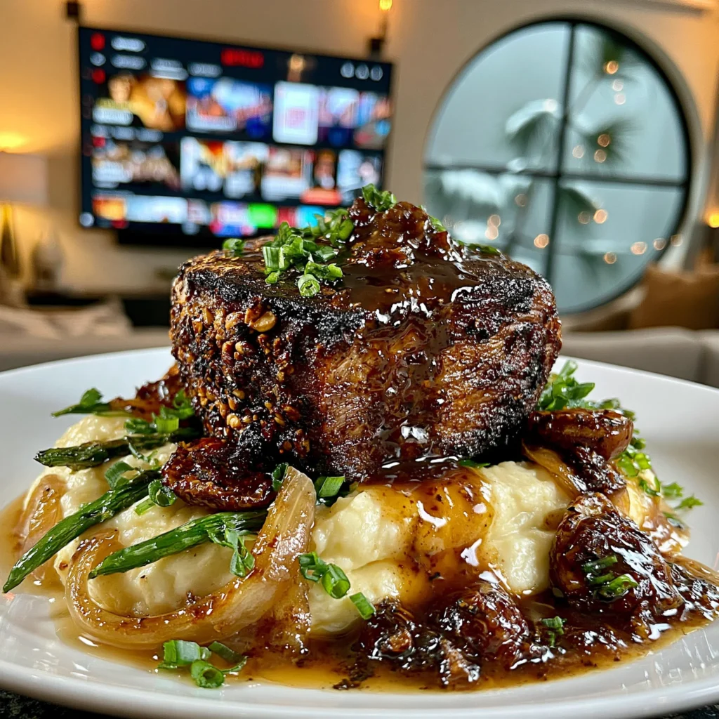 Fermented Black Garlic and Crushed Roasted Hazelnut-Crusted Filet Mignon with a Cognac-Black Truffle Reduction
