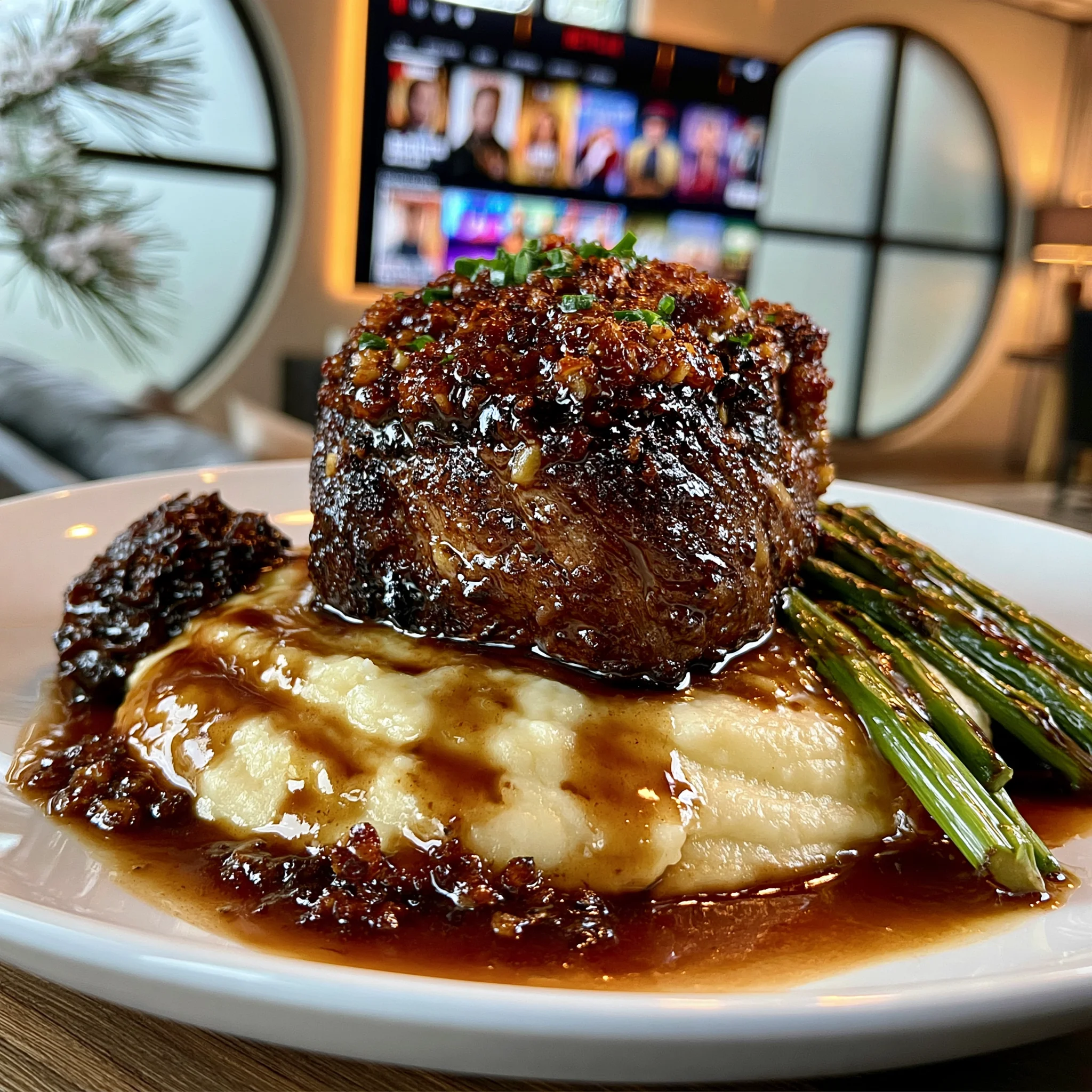 Fermented Black Garlic and Toasted Pine Nut-Crusted Filet Mignon with a Madeira Wine and Morel Confit Reduction